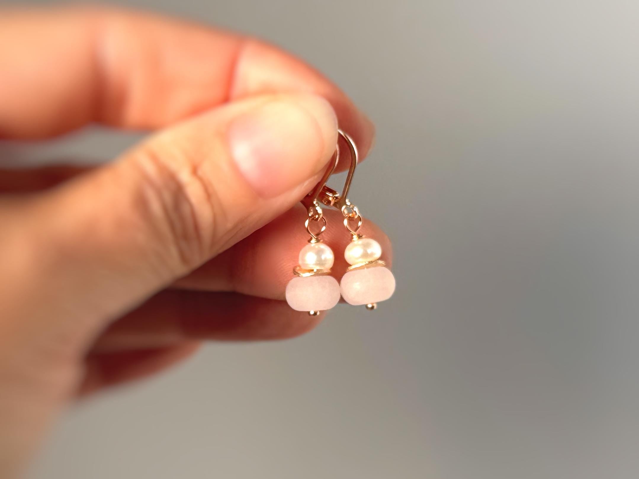 Pearl and Pink Rose Quartz Earrings Dangle Sterling Silver, Rose Gold, Gold Handmade Gemstone Jewelry January birthstone gift for mom, wife