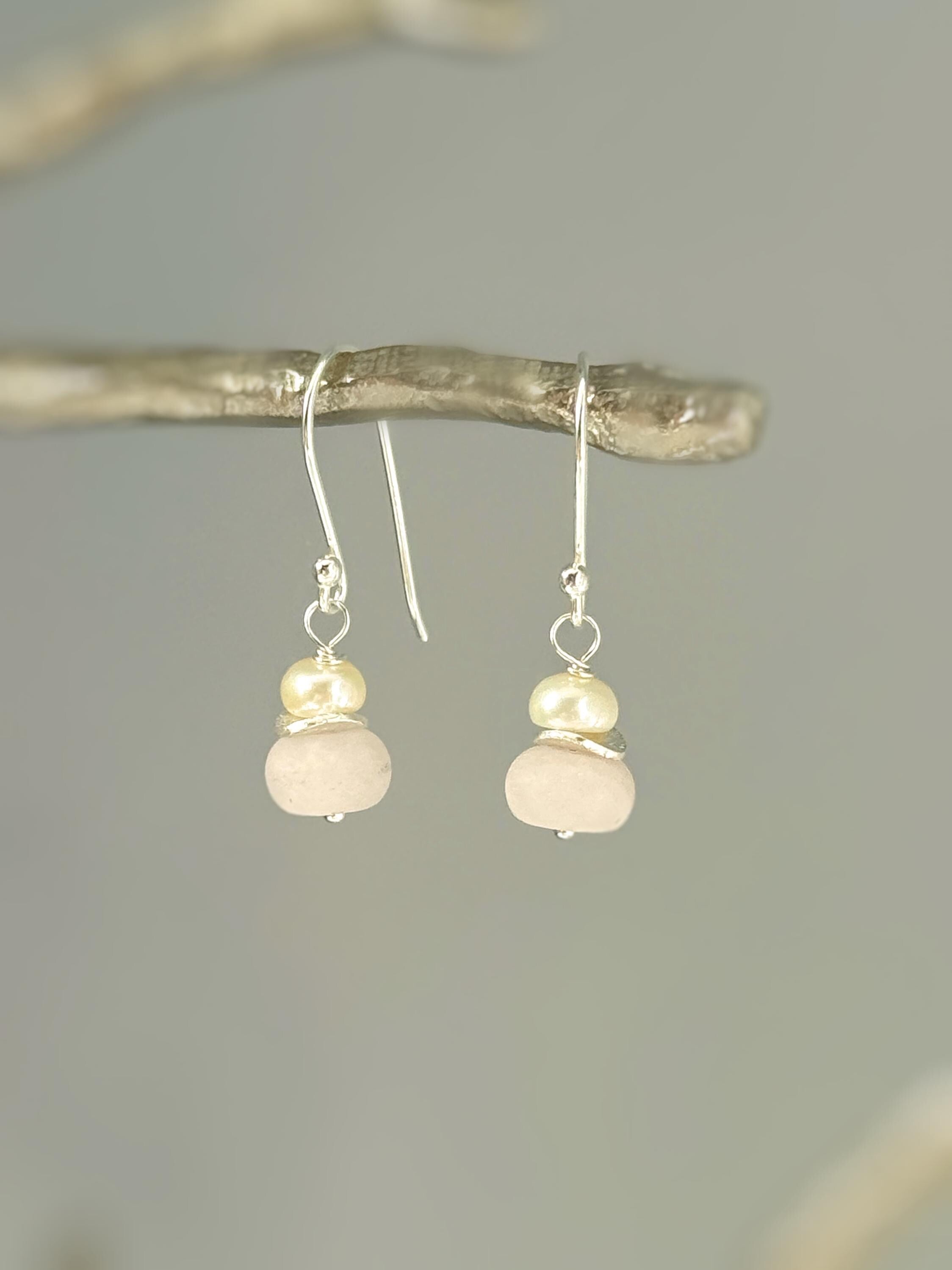 Pearl and Pink Rose Quartz Earrings Dangle Sterling Silver, Rose Gold, Gold Handmade Gemstone Jewelry January birthstone gift for mom, wife