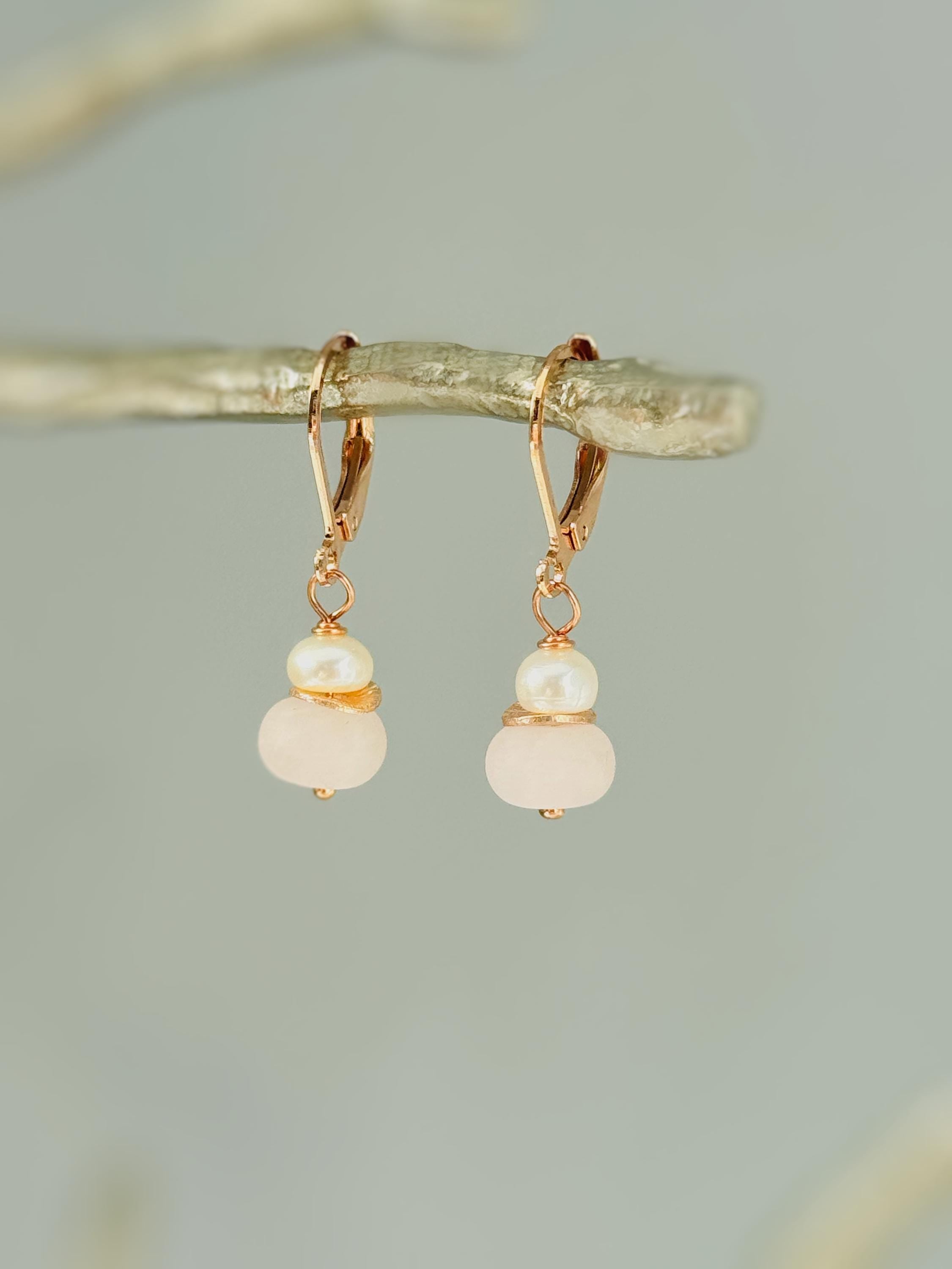 Pearl and Pink Rose Quartz Earrings Dangle Sterling Silver, Rose Gold, Gold Handmade Gemstone Jewelry January birthstone gift for mom, wife