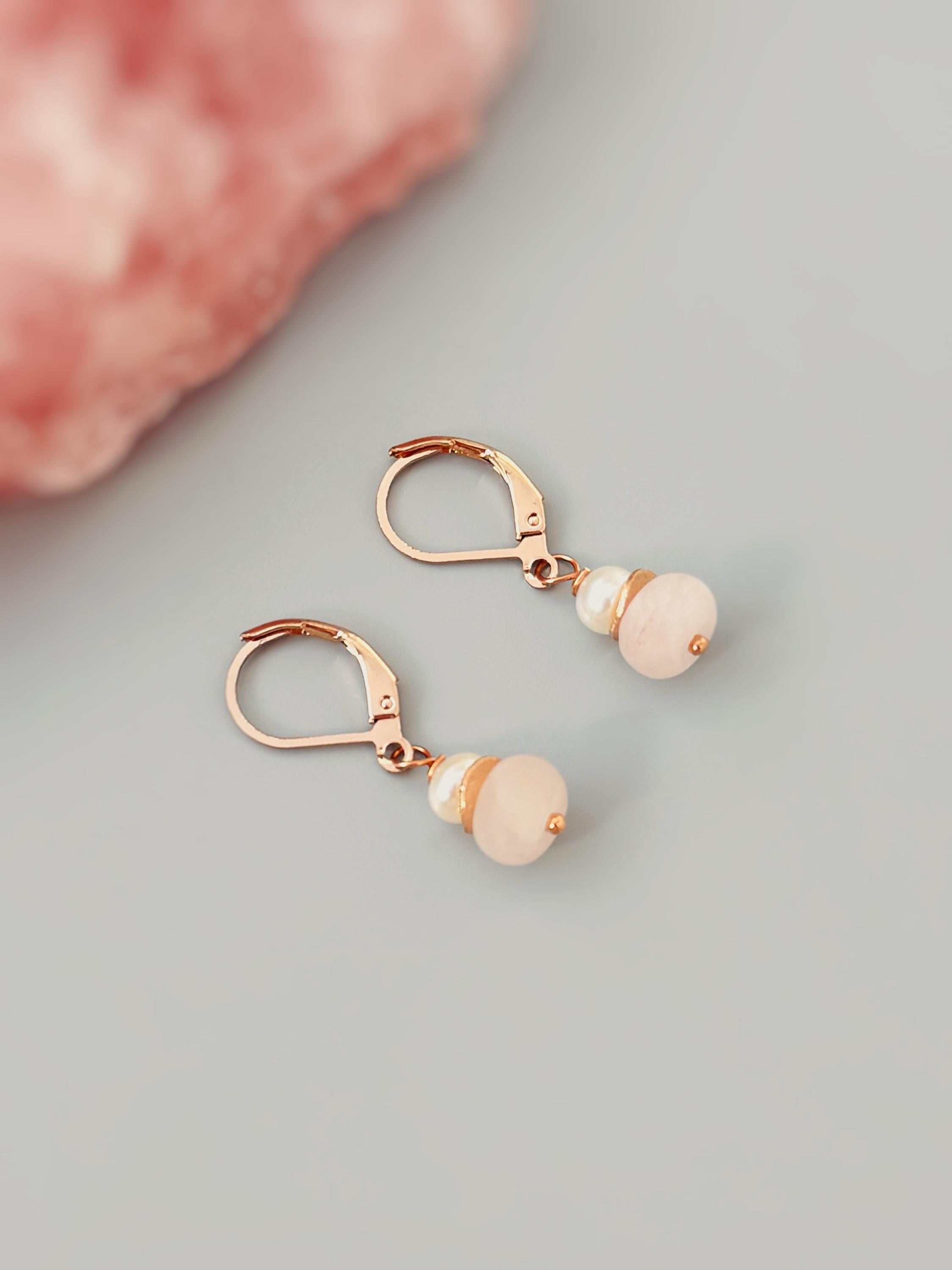 Pearl and Pink Rose Quartz Earrings Dangle Sterling Silver, Rose Gold, Gold Handmade Gemstone Jewelry January birthstone gift for mom, wife