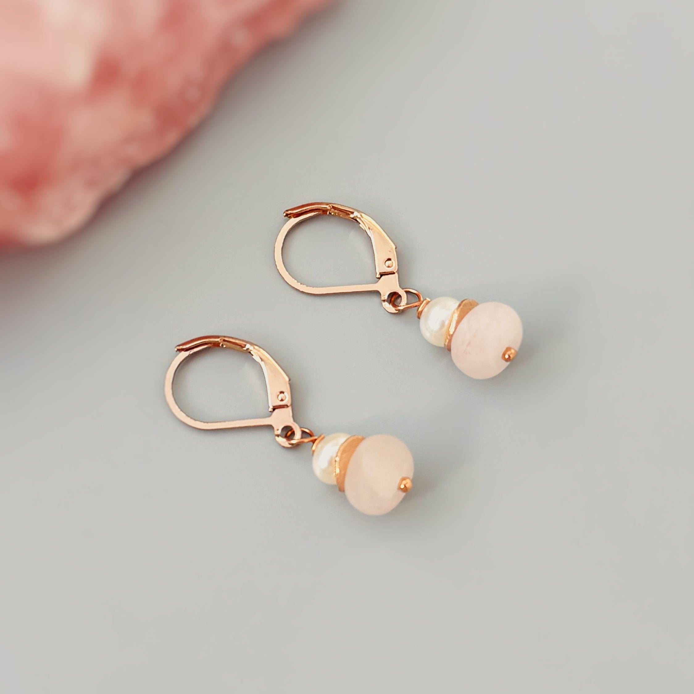 Pink Pearl and Rose Quartz Earrings Dangle Gold, Rose Gold, Sterling Silver Handmade Gemstone Jewelry January birthstone gift for mom, wife