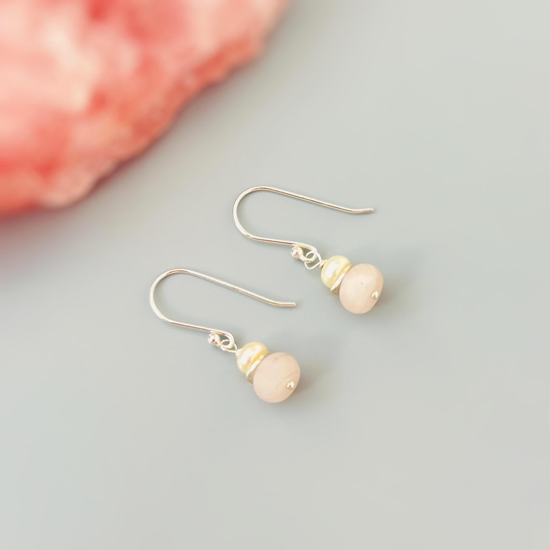 Freshwater Pearl and Pink Rose Quartz Earrings Dangle Sterling Silver, Rose Gold, Gold Handmade Gemstone Jewelry January birthstone gift for mom, wife