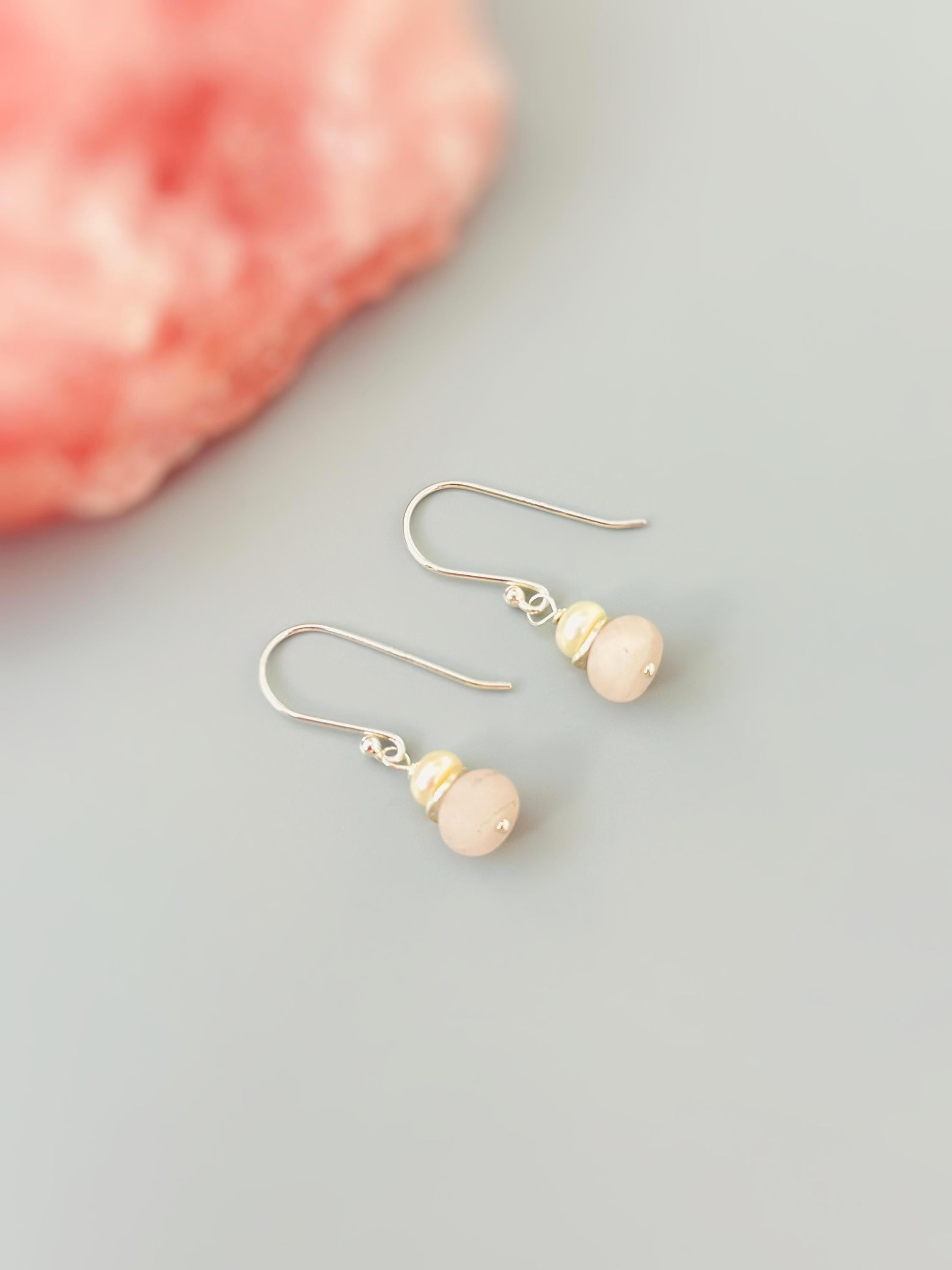 Freshwater Pearl and Pink Rose Quartz Earrings Dangle Sterling Silver, Rose Gold, Gold Handmade Gemstone Jewelry January birthstone gift for mom, wife