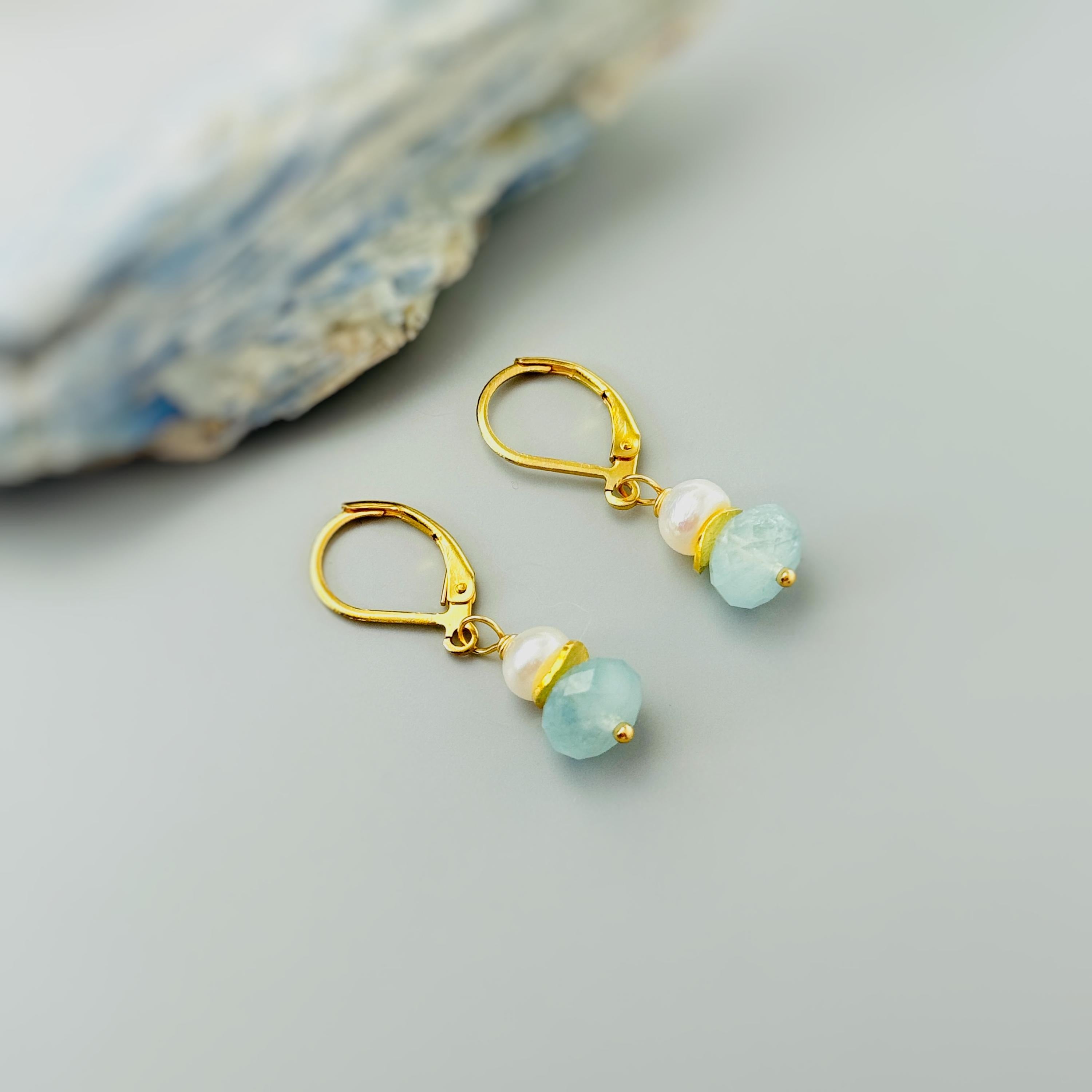 Pearl and Aquamarine Earrings Drop Dangle 14k Gold Fill Sterling Silver Handmade Blue Gemstone Jewelry March birthstone gift for mom, wife
