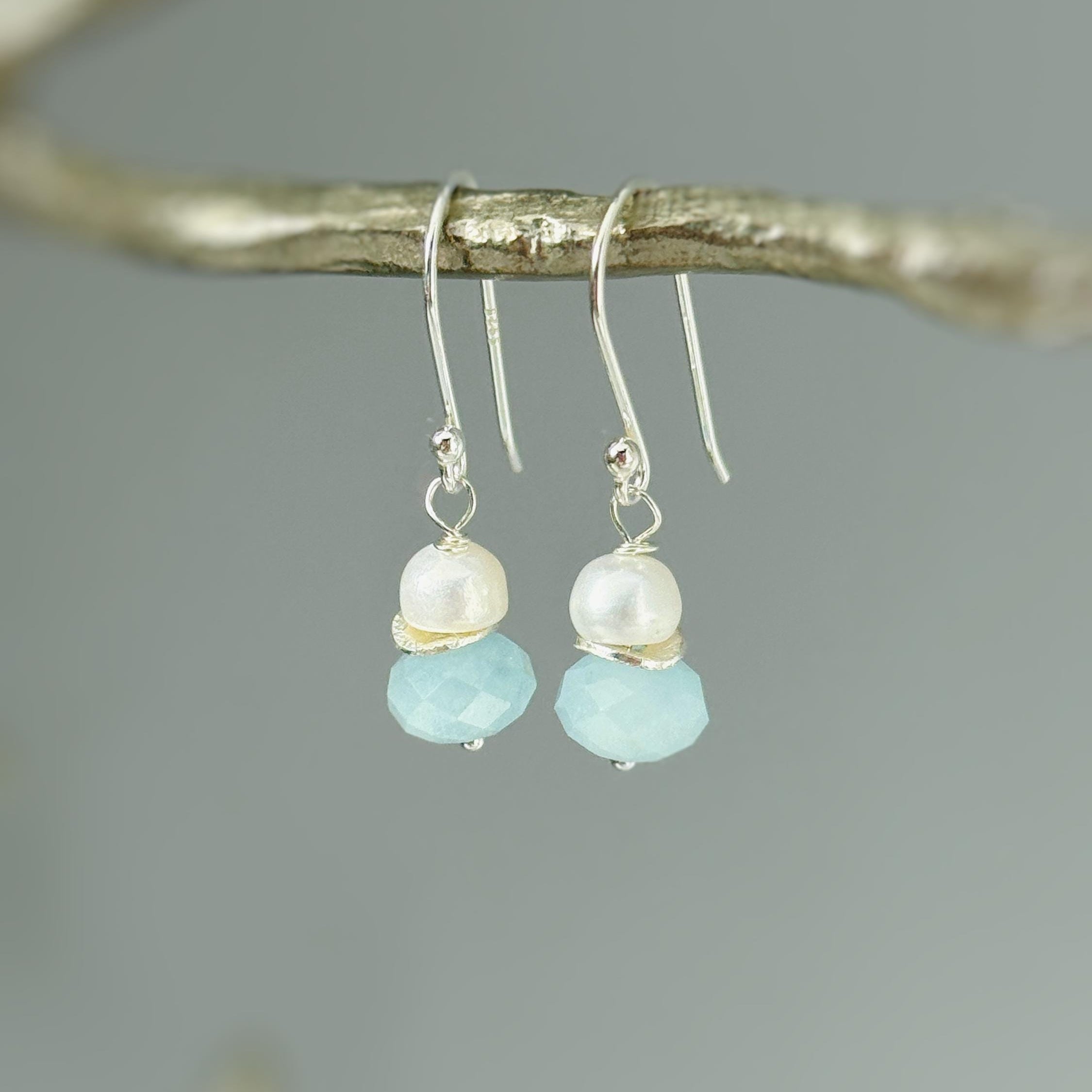 Freshwater Pearl and Aquamarine Earrings Drop Dangle 14k Gold Fill Sterling Silver Handmade Blue Gemstone Jewelry March birthstone gift for mom, wife