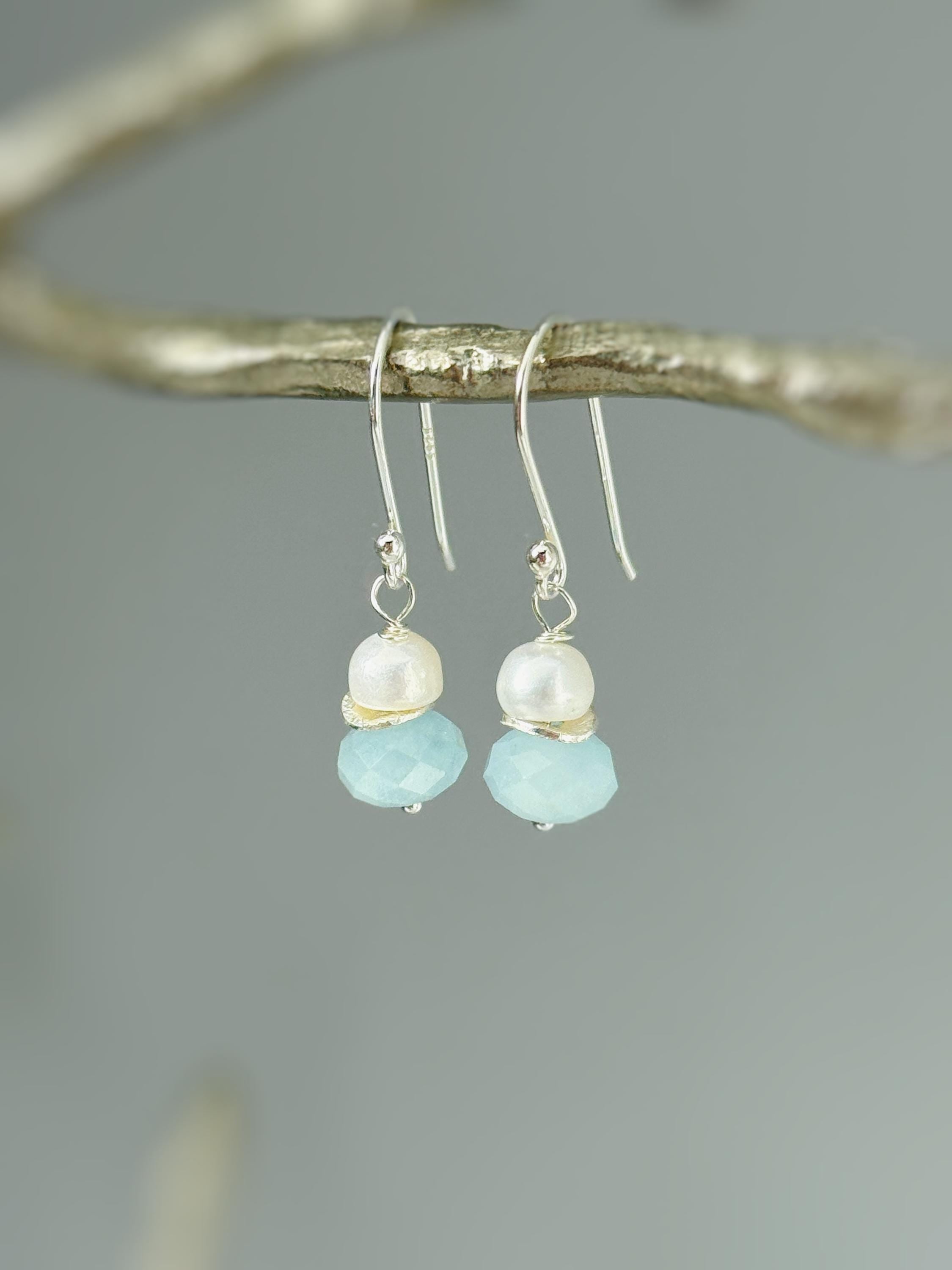 Freshwater Pearl and Aquamarine Earrings Drop Dangle 14k Gold Fill Sterling Silver Handmade Blue Gemstone Jewelry March birthstone gift for mom, wife