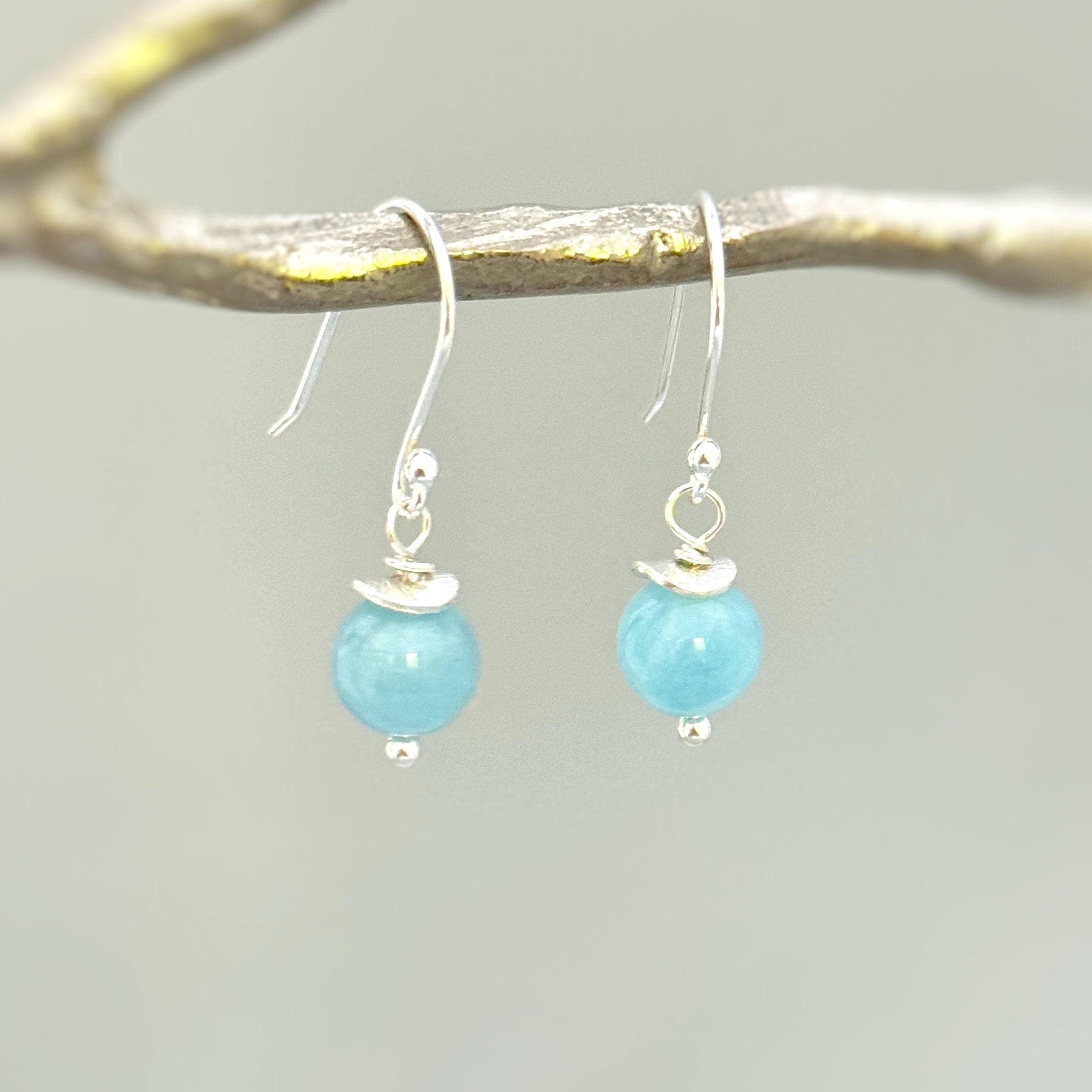 Handmade Aquamarine earrings dangle in gold, rose gold or sterling silver. March Birthstone gift for mom, sister, wife. Lightweight everyday modern jewelry for women