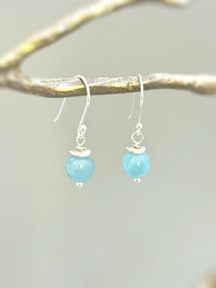 Handmade Aquamarine earrings dangle in gold, rose gold or sterling silver. March Birthstone gift for mom, sister, wife. Lightweight everyday modern jewelry for women
