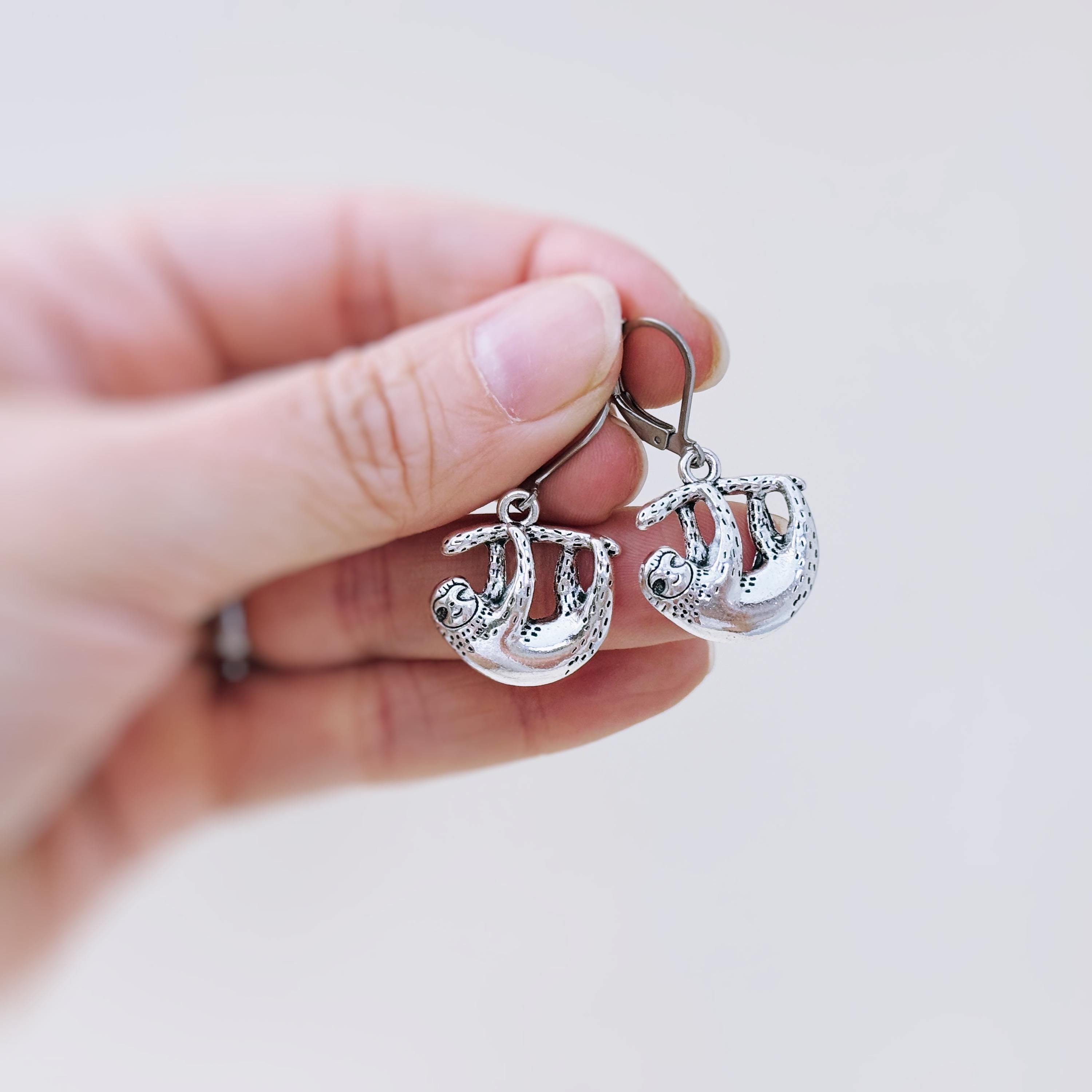 Silver Sloth Earrings dangle fun, unique animal lover sloth gift handmade Jewelry boho dangling charm earrings cottagecore gift for sister