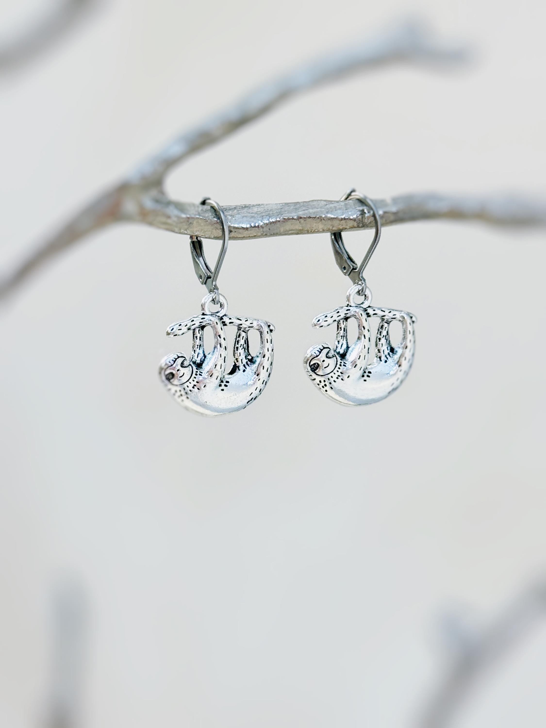 Silver Sloth Earrings dangle fun, unique animal lover sloth gift handmade Jewelry boho dangling charm earrings cottagecore gift for sister