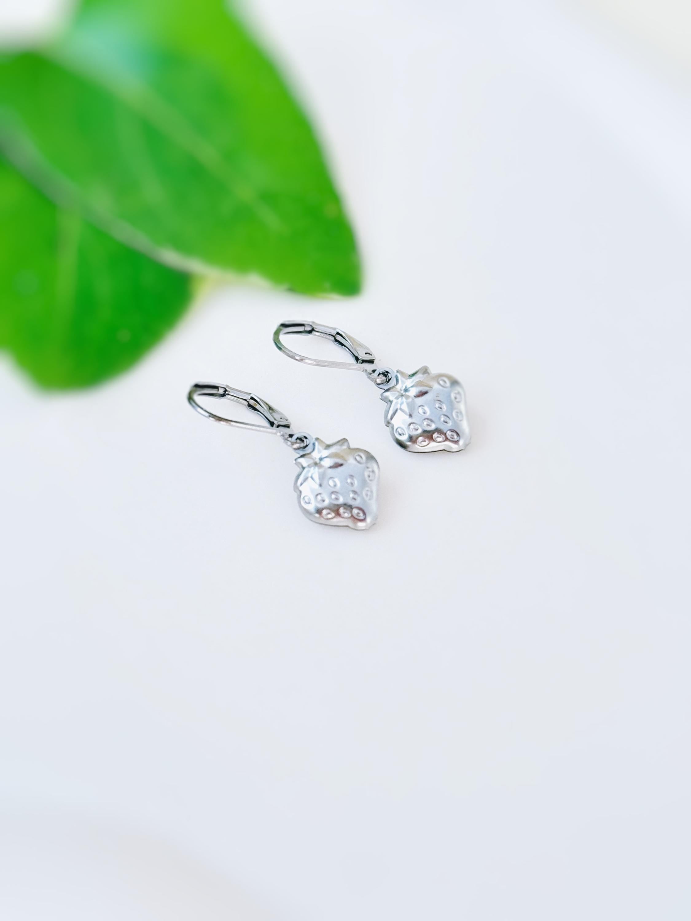 Silver Strawberry Earrings Dangle lightweight unique whimsical handmade food fruit jewelry, fun gift for foodie, chefs, sister bff daughter