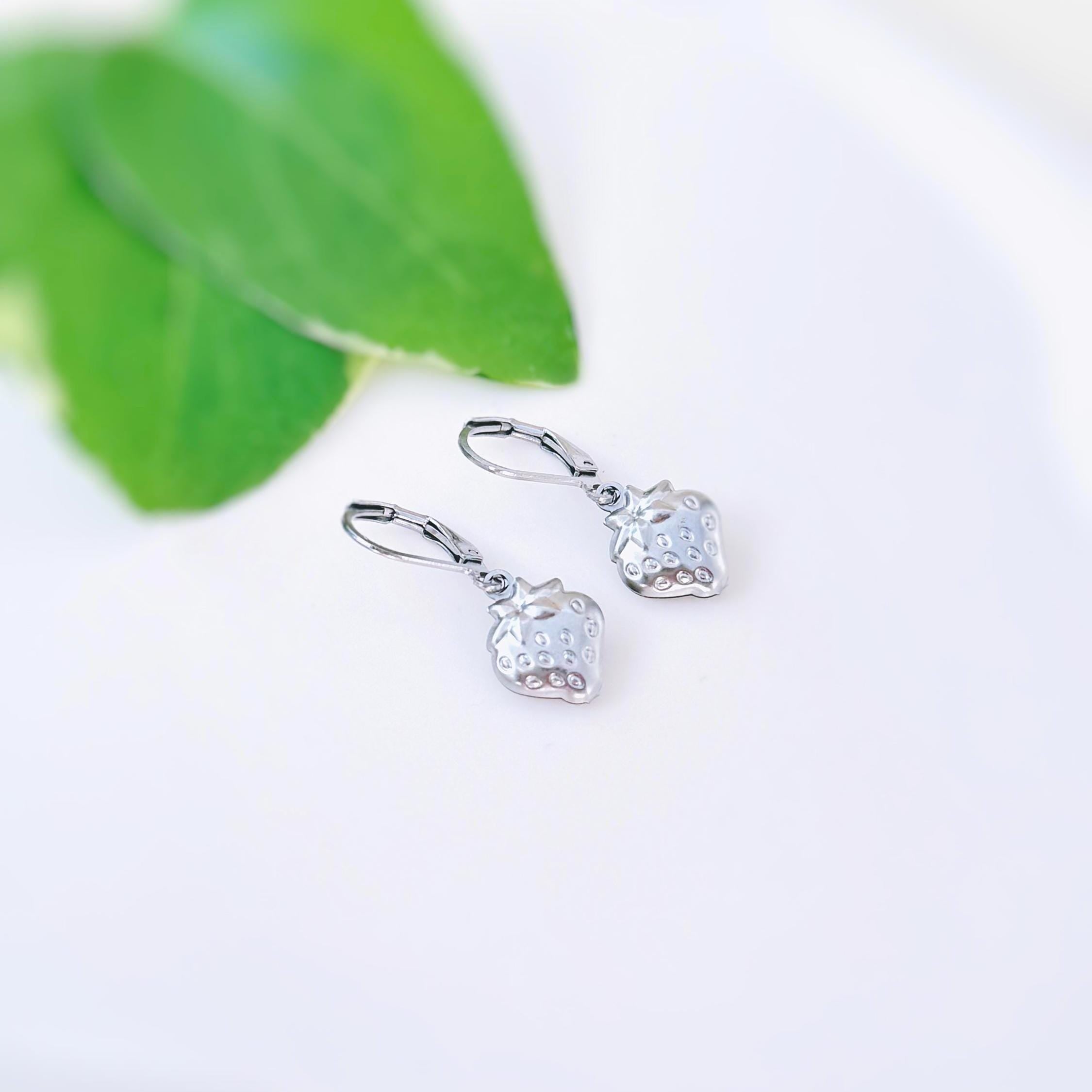 Silver Strawberry Earrings Dangle lightweight unique whimsical handmade food fruit jewelry, fun gift for foodie, chefs, sister bff daughter