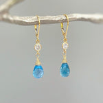 Swiss Blue Topaz earrings dangle, 14k Gold, silver November Birthstone gift dangly tear drop handmade blue gemstone jewelry for women