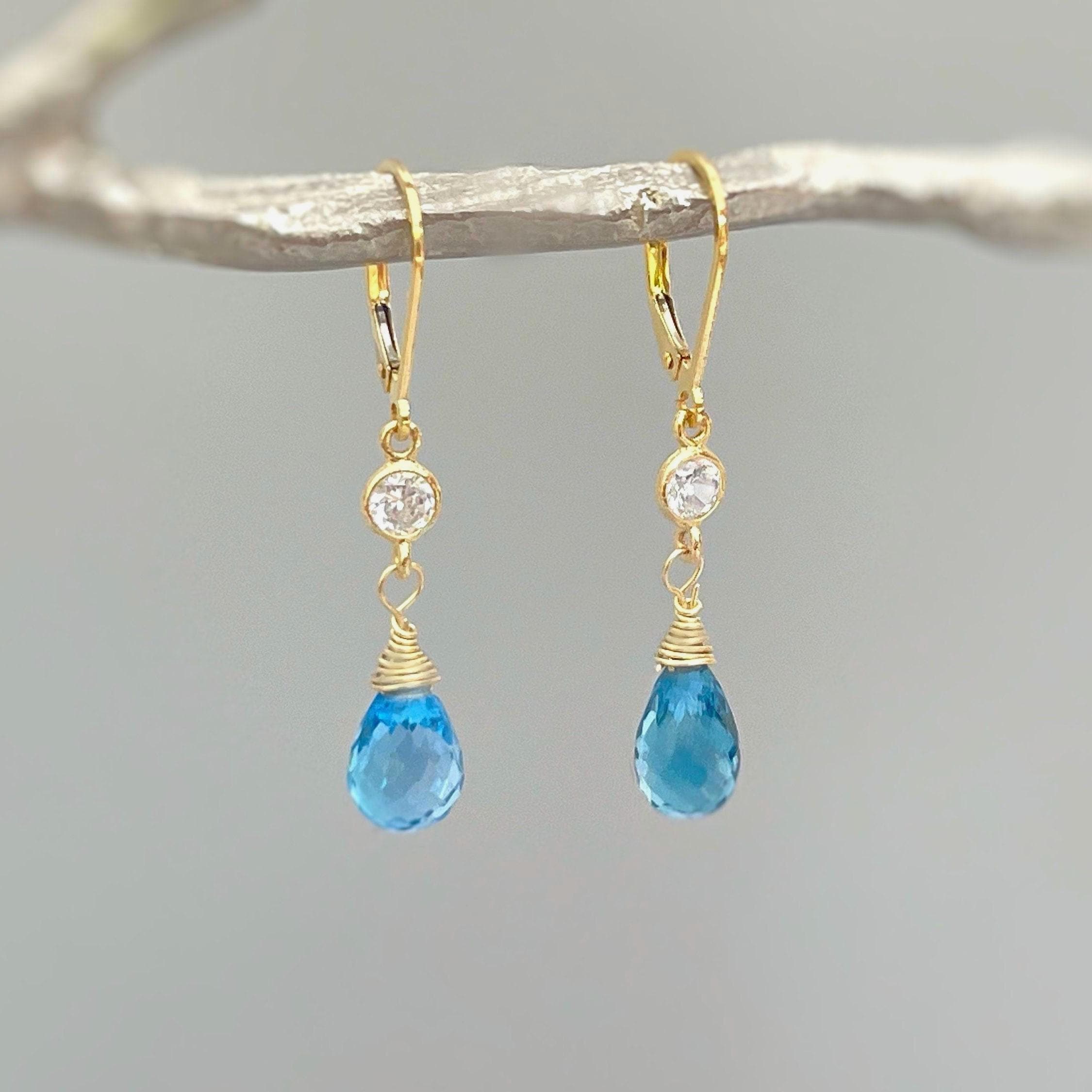 Swiss Blue Topaz earrings dangle, 14k Gold, silver November Birthstone gift dangly tear drop handmade blue gemstone jewelry for women