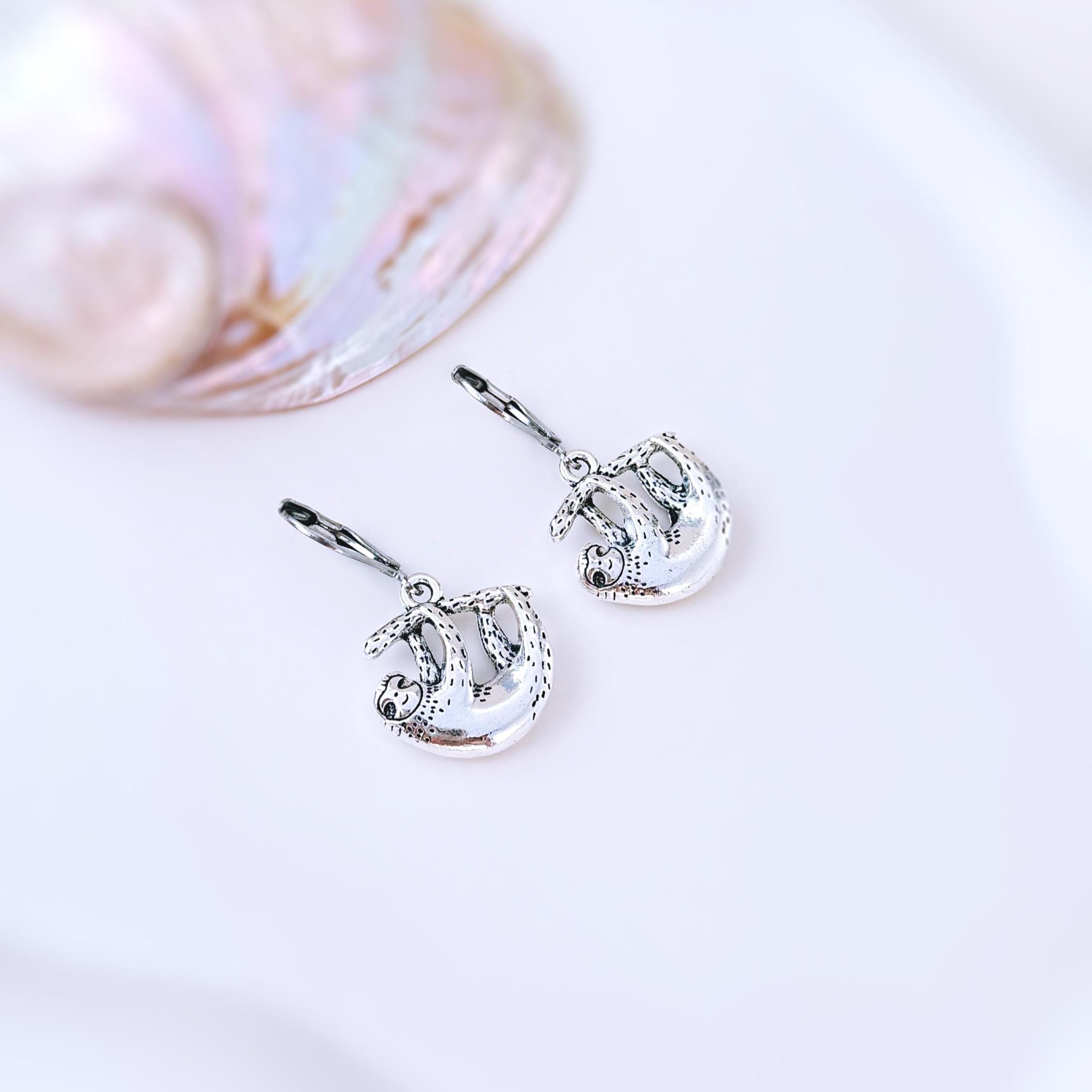 Silver Sloth Earrings dangle fun, unique animal lover sloth gift handmade Jewelry boho dangling charm earrings cottagecore gift for sister