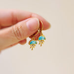 Gold Jellyfish Earrings dangle handmade beach jewelry unique dangling aqua charm ocean earrings gift for surfer, swimmer, sister daughter