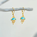 Gold Jellyfish Earrings dangle handmade beach jewelry unique dangling aqua charm ocean earrings gift for surfer, swimmer, sister daughter