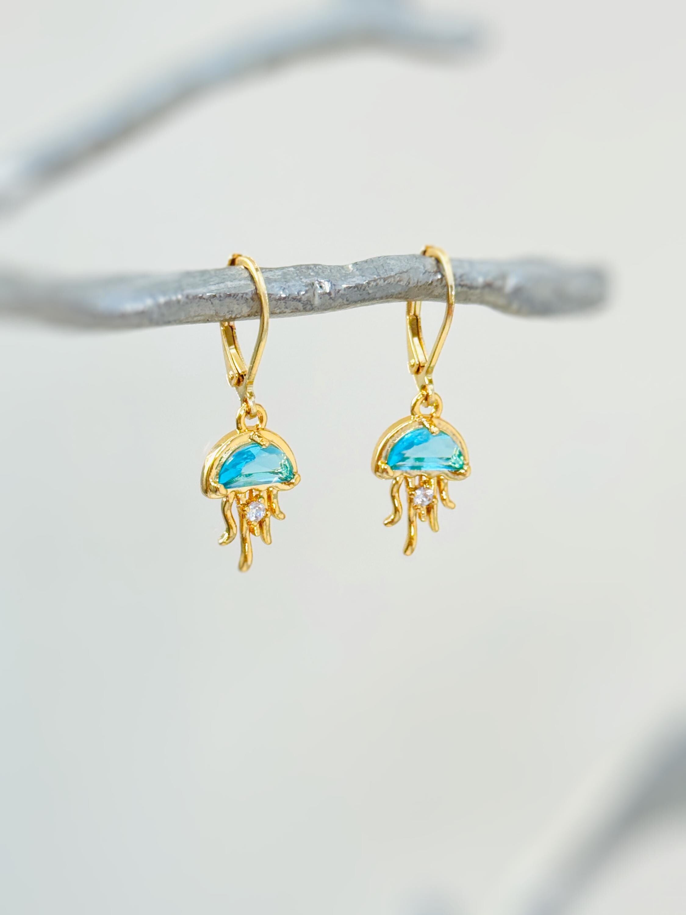 Gold Jellyfish Earrings dangle handmade beach jewelry unique dangling aqua charm ocean earrings gift for surfer, swimmer, sister daughter