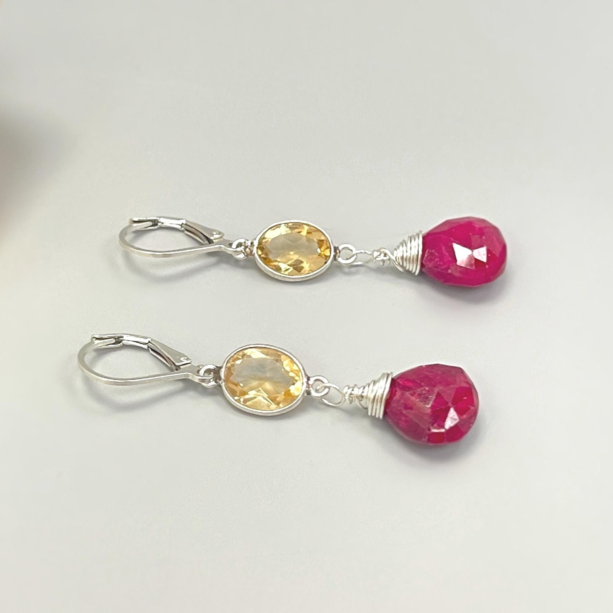 Ruby and Citrine earrings dangle, Sterling Silver