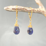 Iolite Earrings Dangle 14k Gold, Sterling Silver Teardrop Leverback Drop Minimalist dangly earrings Handmade Iolite Jewelry water sapphire
