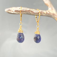 Iolite Earrings Dangle 14k Gold, Sterling Silver Teardrop Leverback Drop Minimalist dangly earrings Handmade Iolite Jewelry water sapphire