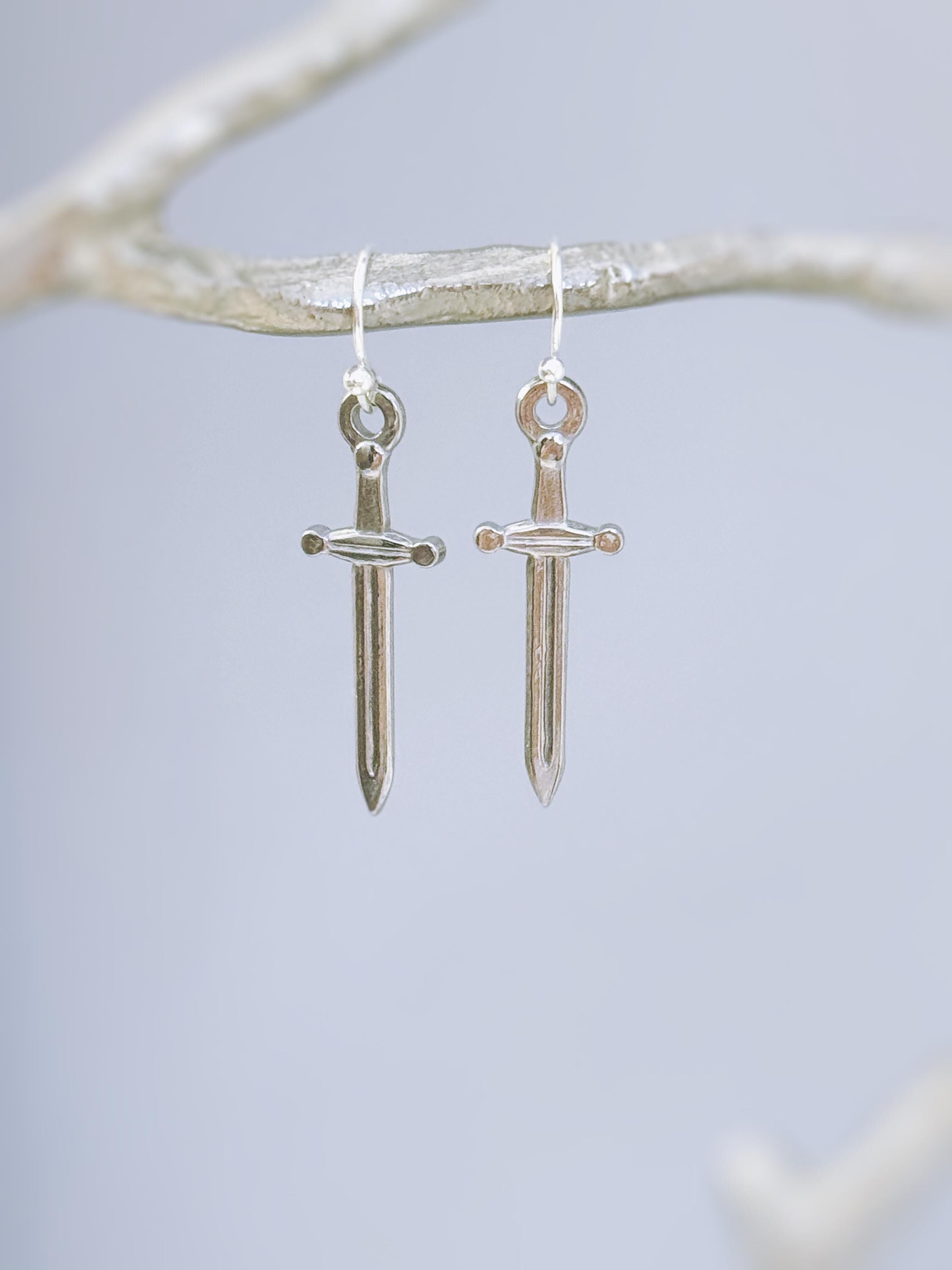 Sword Earrings dangle silver handmade medieval mythical dagger punk jewelry renaissance faire Celtic gothic earrings stainless steel grunge