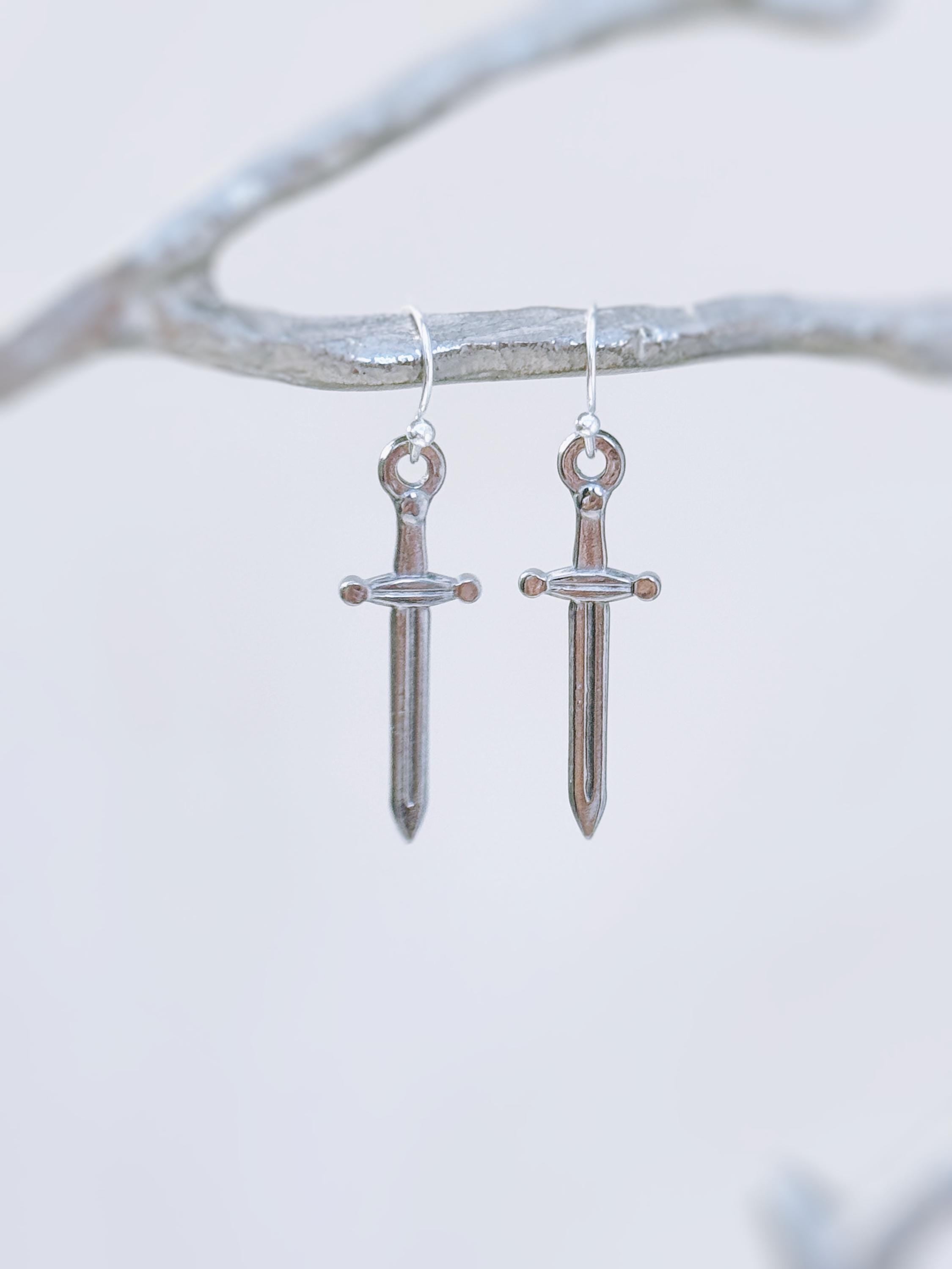 Sword Earrings dangle silver handmade medieval mythical dagger punk jewelry renaissance faire Celtic gothic earrings stainless steel grunge