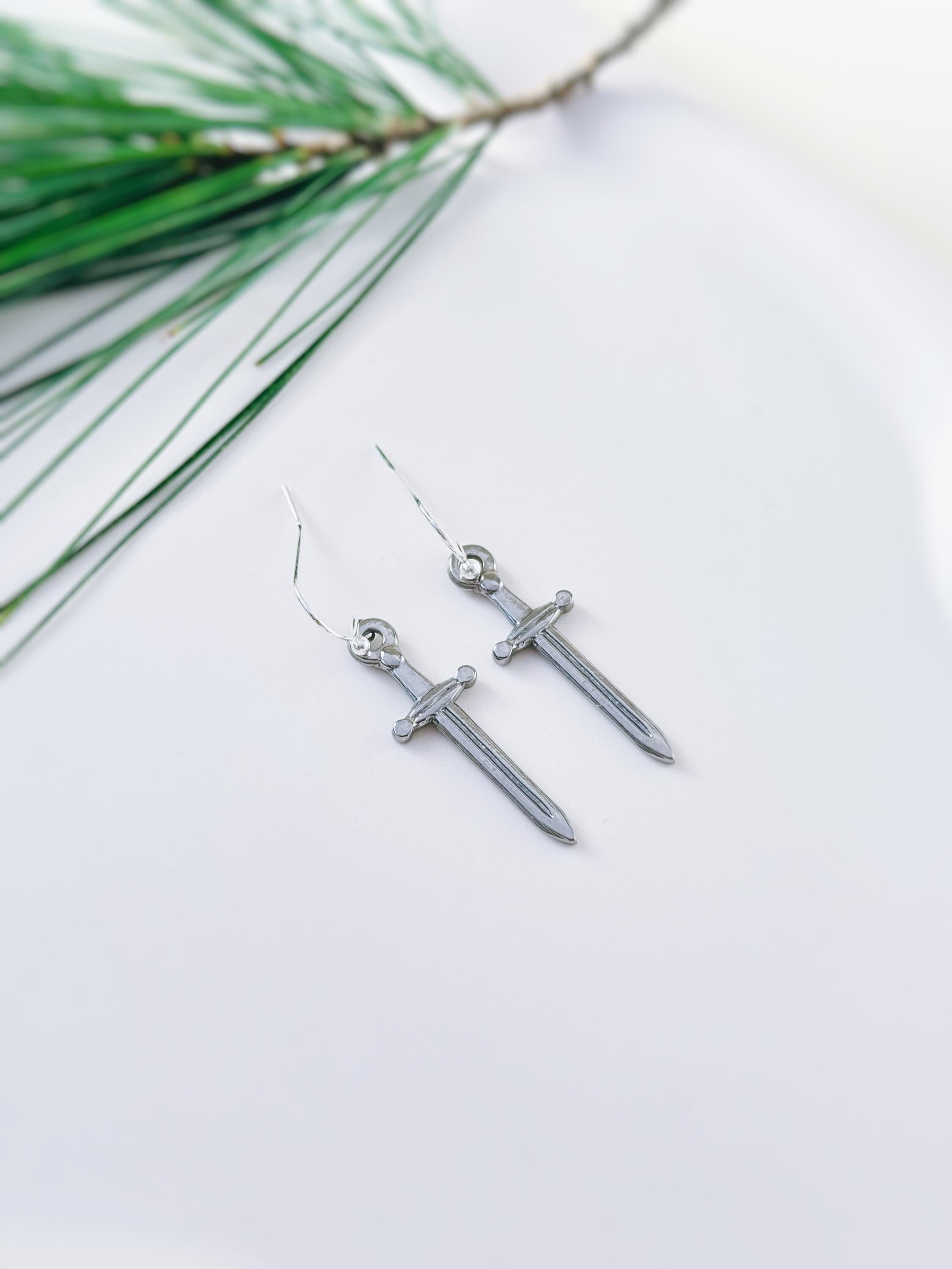 Sword Earrings dangle silver handmade medieval mythical dagger punk jewelry renaissance faire Celtic gothic earrings stainless steel grunge