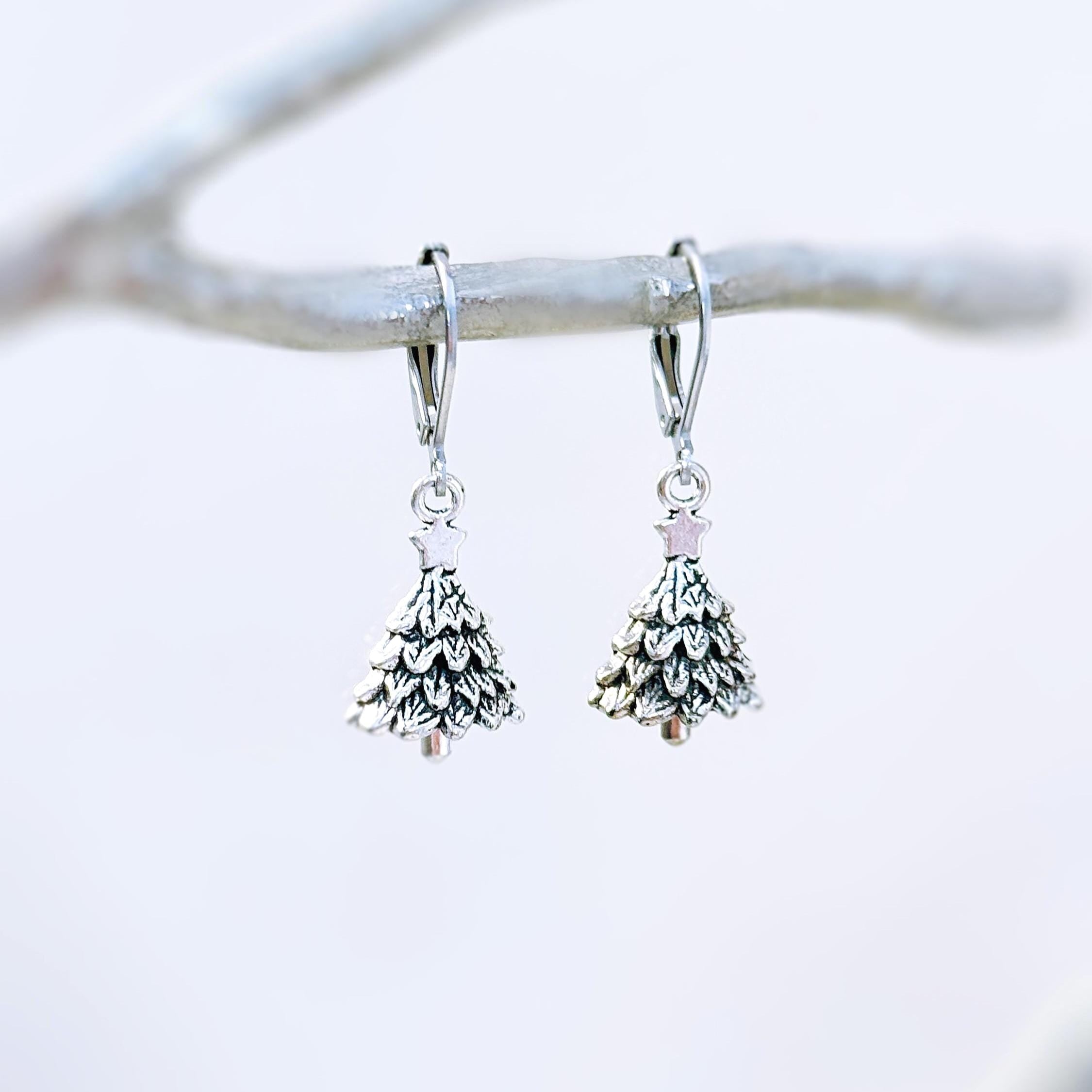 Christmas Tree Earrings dangle silver handmade winter pine tree holiday jewelry fun festive earrings for holiday party 925 sterling silver