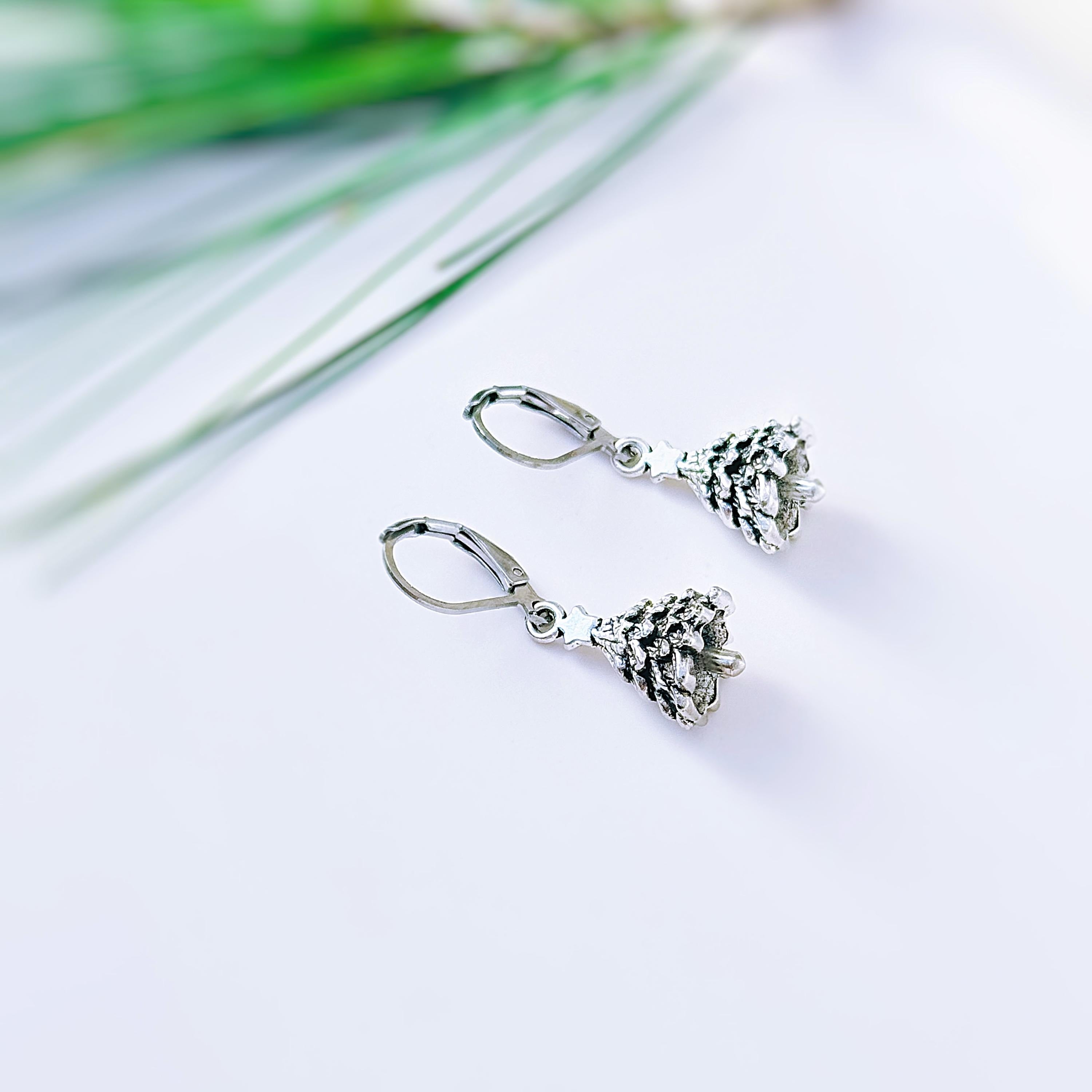 Christmas Tree Earrings dangle silver handmade winter pine tree holiday jewelry fun festive earrings for holiday party 925 sterling silver