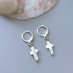 Dainty Mother of Pearl Cross Hoop Earrings Gold, Silver minimalist religious faith jewelry for women Christian baptism confirmation gift mom