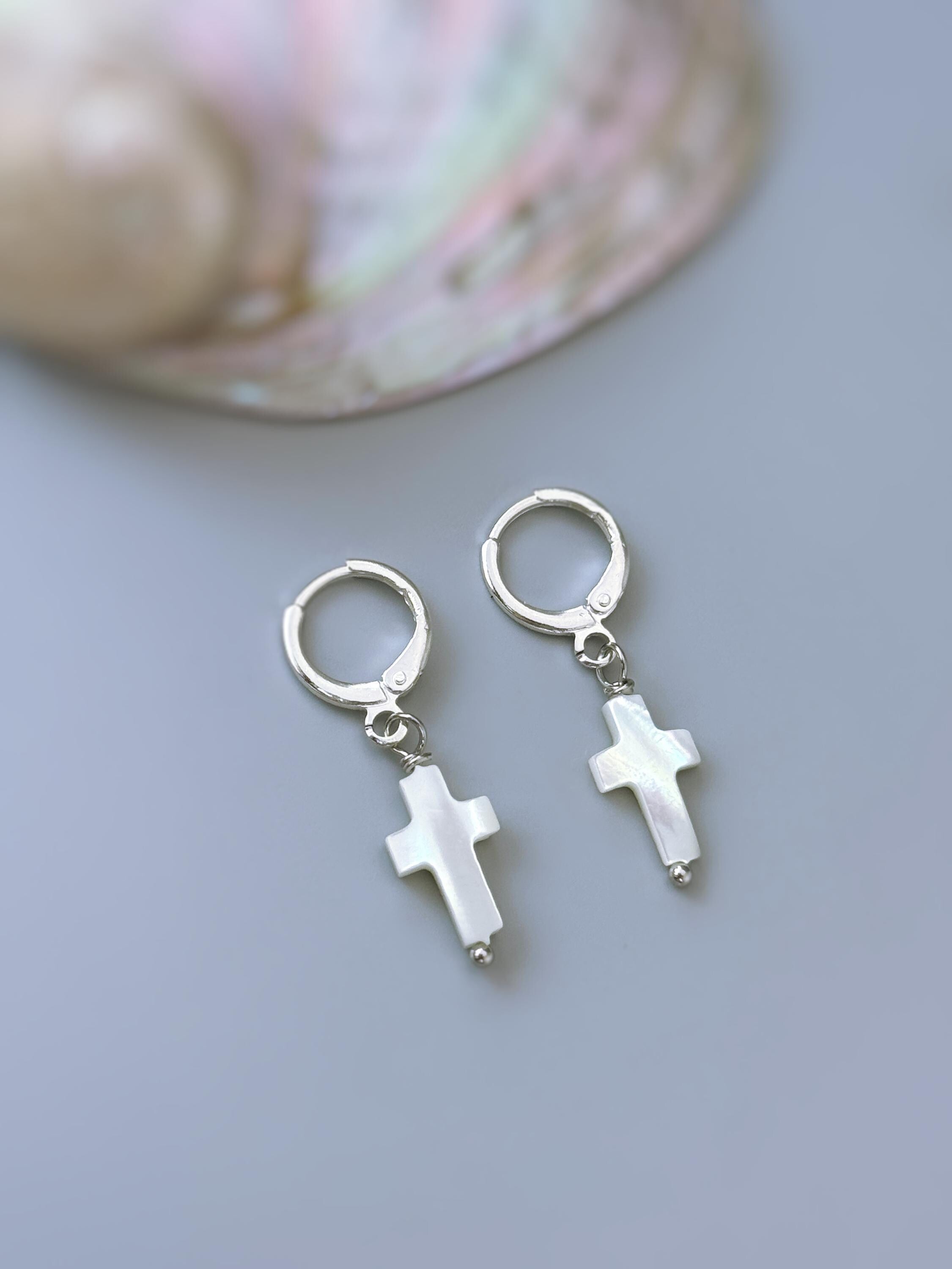 Dainty Mother of Pearl Cross Hoop Earrings Gold, Silver minimalist religious faith jewelry for women Christian baptism confirmation gift mom