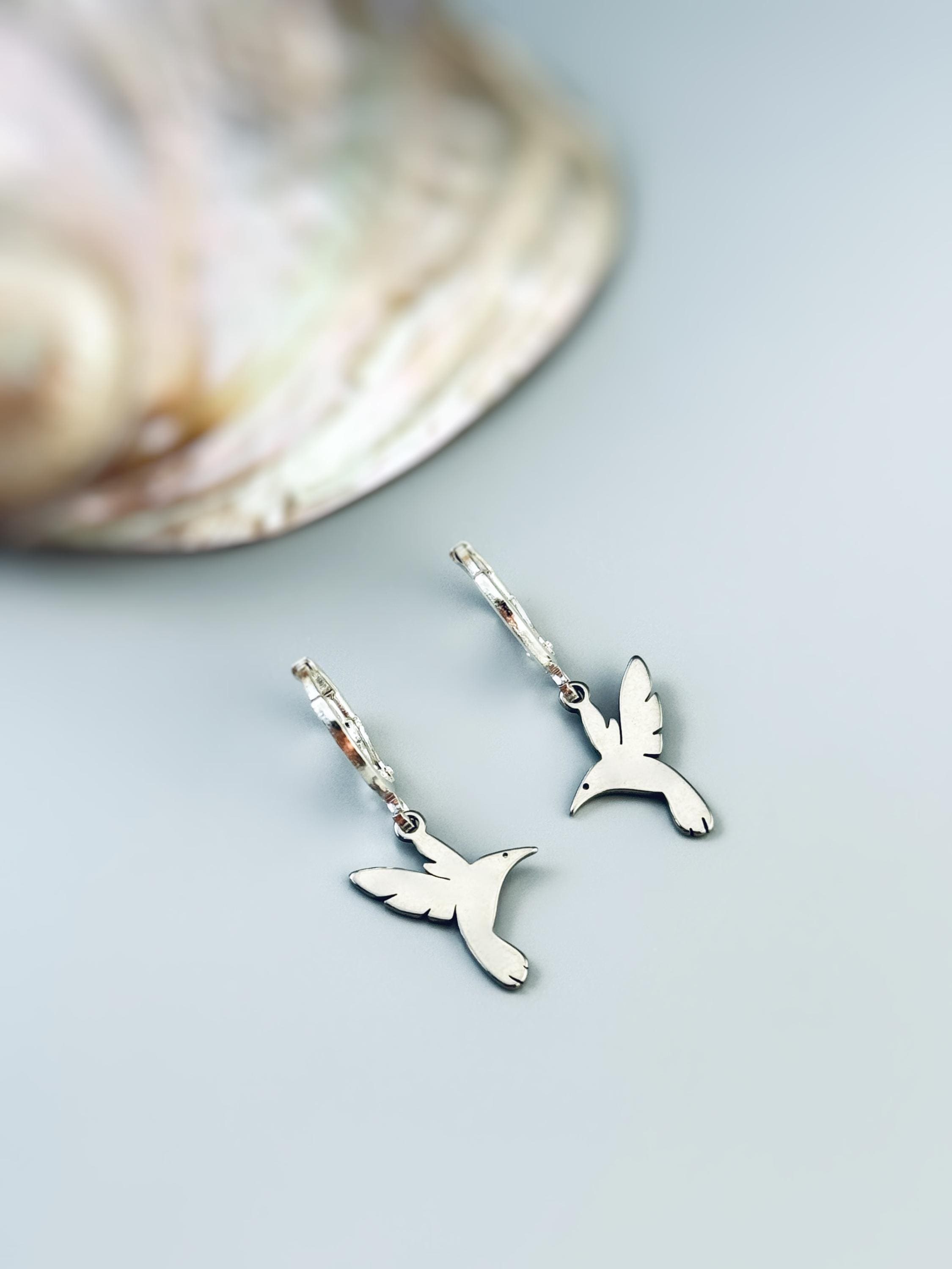 Dainty Hummingbird Earrings dangle Huggie Hoops gold, silver handmade nature jewelry unique gift for bird lovers watchers daughters sister