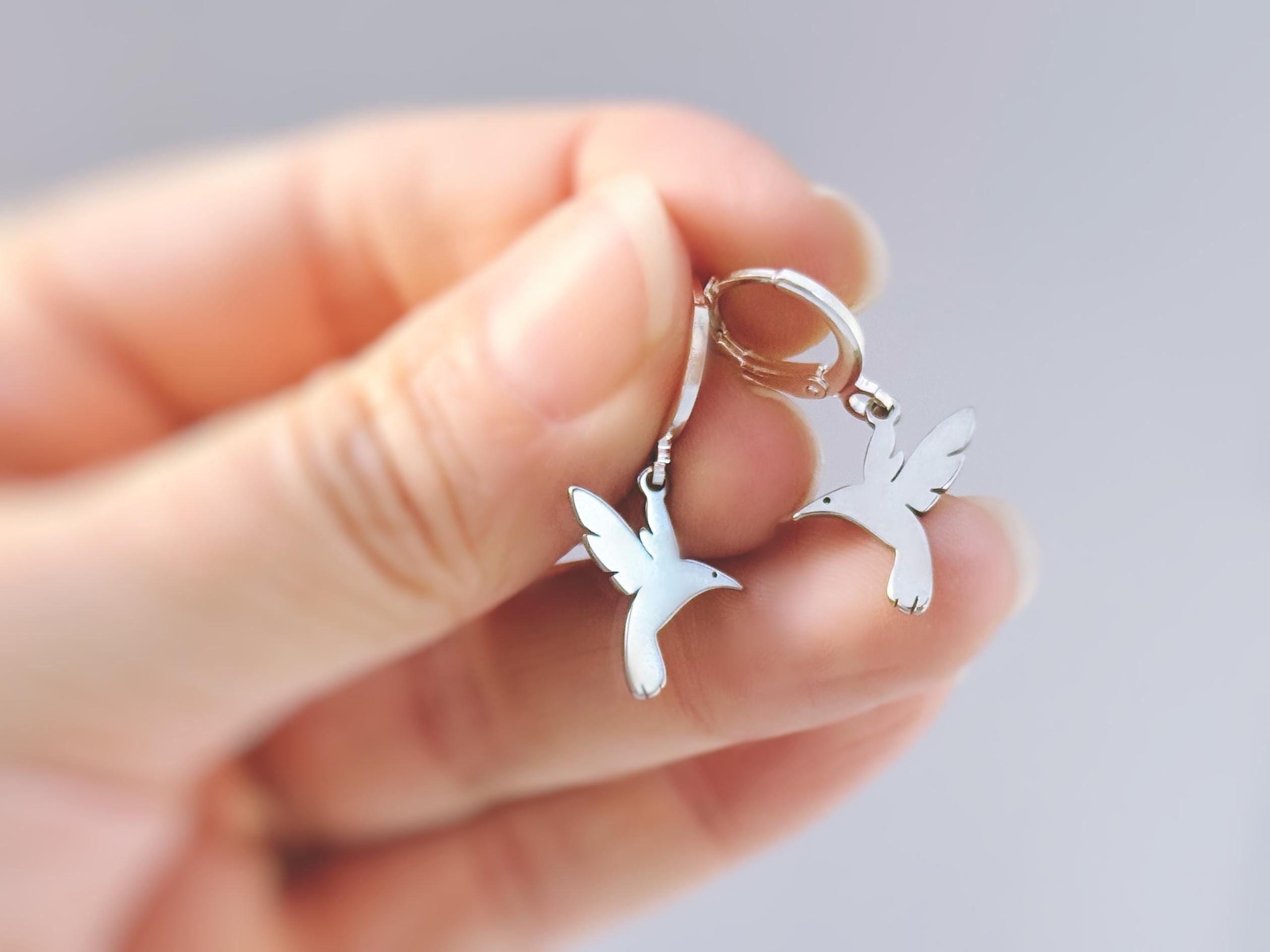 Dainty Hummingbird Earrings dangle  silver Huggie Hoops gold, handmade nature jewelry unique gift for bird lovers watchers daughters sister