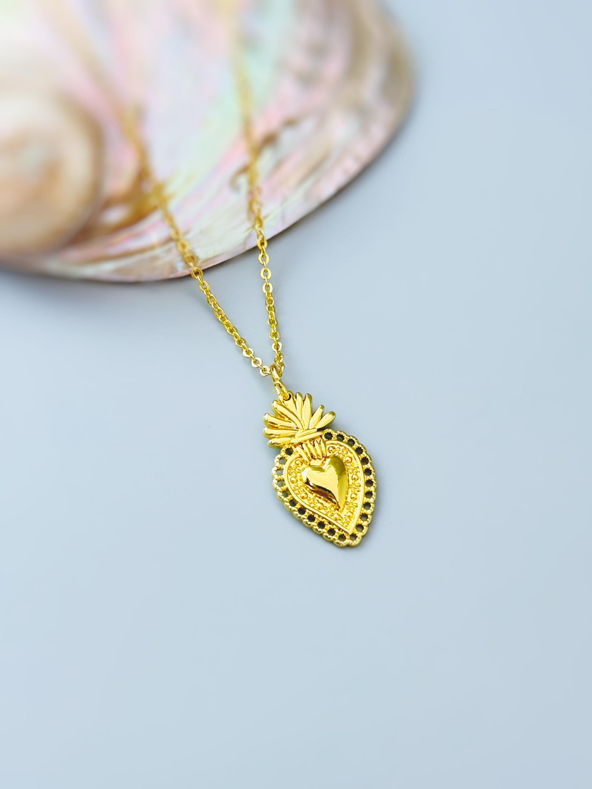 Gold Sacred Heart Necklace Dainty Catholic jewelry immaculate heart Christian faith necklace Virgin Mary religious Gift for her, women, mom