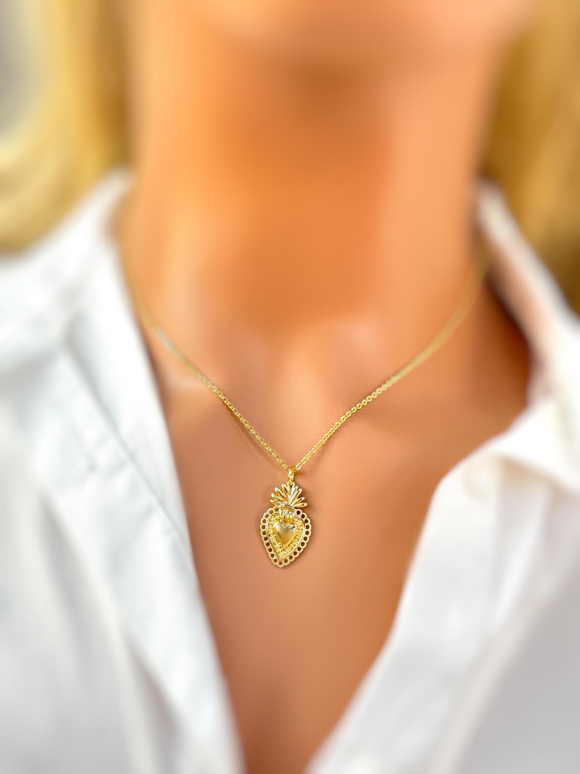 Gold Sacred Heart Necklace Dainty Catholic jewelry immaculate heart Christian faith necklace Virgin Mary religious Gift for her, women, mom