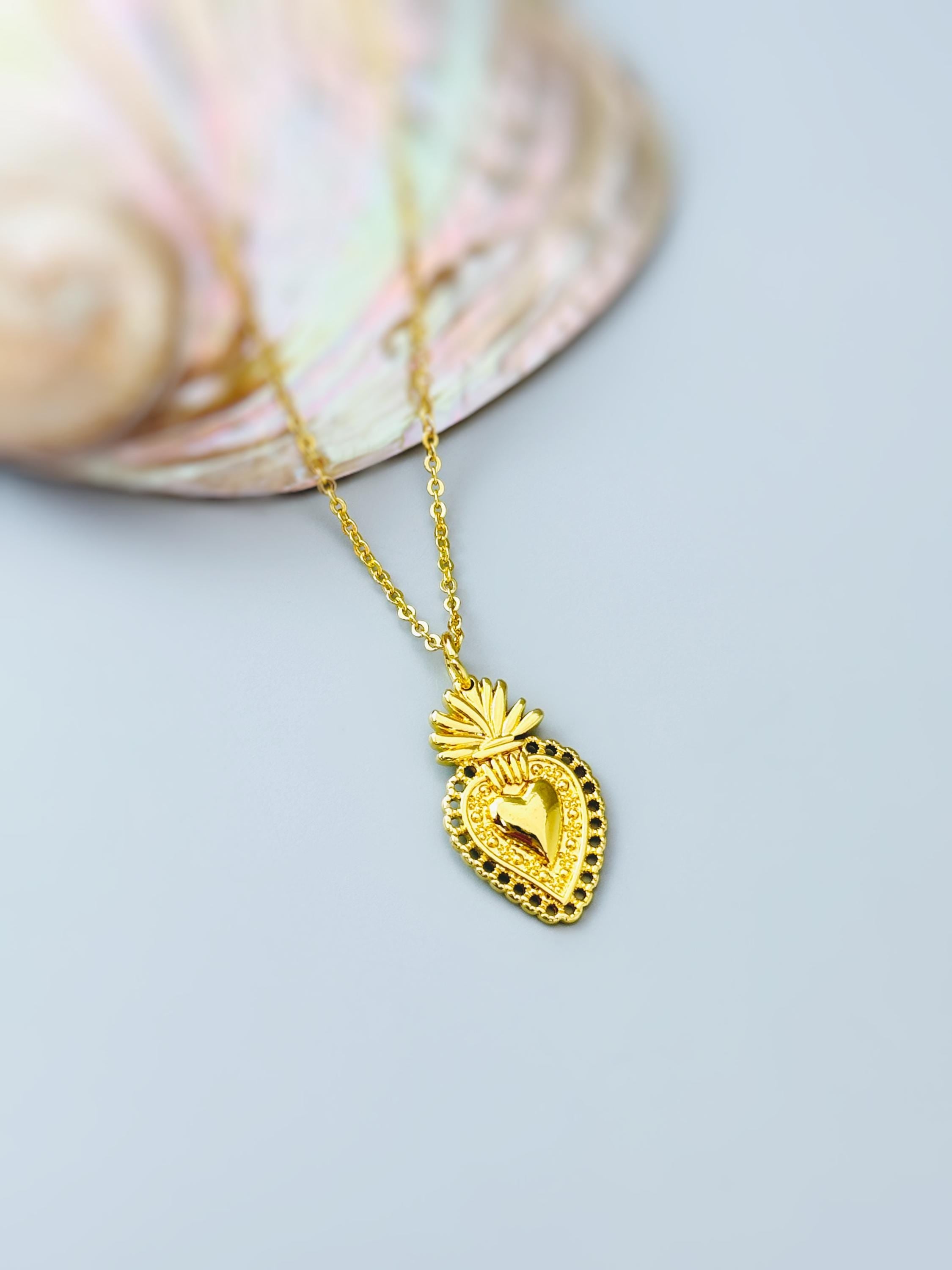 Gold Sacred Heart Necklace Dainty Catholic jewelry immaculate heart Christian faith necklace Virgin Mary religious Gift for her, women, mom