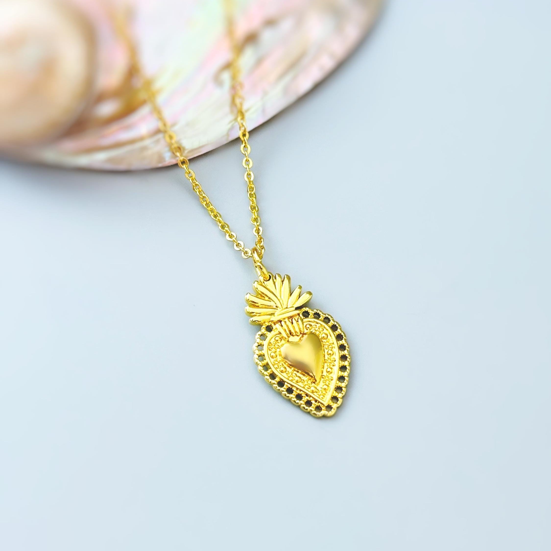 Gold Sacred Heart Necklace Dainty Catholic jewelry immaculate heart Christian faith necklace Virgin Mary religious Gift for her, women, mom