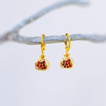 Gold Pomegranate Earrings dangle handmade cute red garnet Fruit Jewelry unique mythical dangling charm earrings gift for foodie chef wife