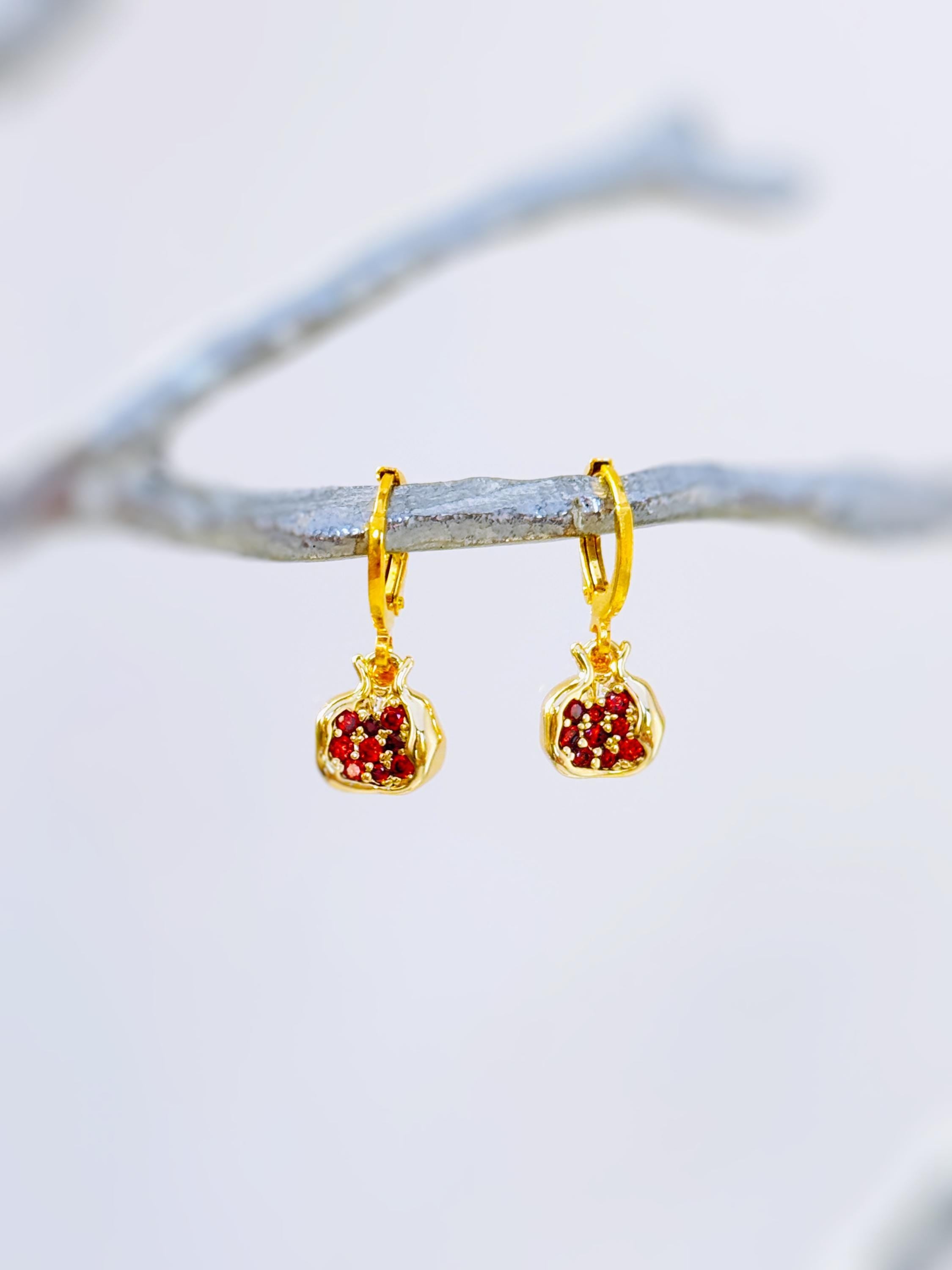 Gold Pomegranate Earrings dangle handmade cute red garnet Fruit Jewelry unique mythical dangling charm earrings gift for foodie chef wife