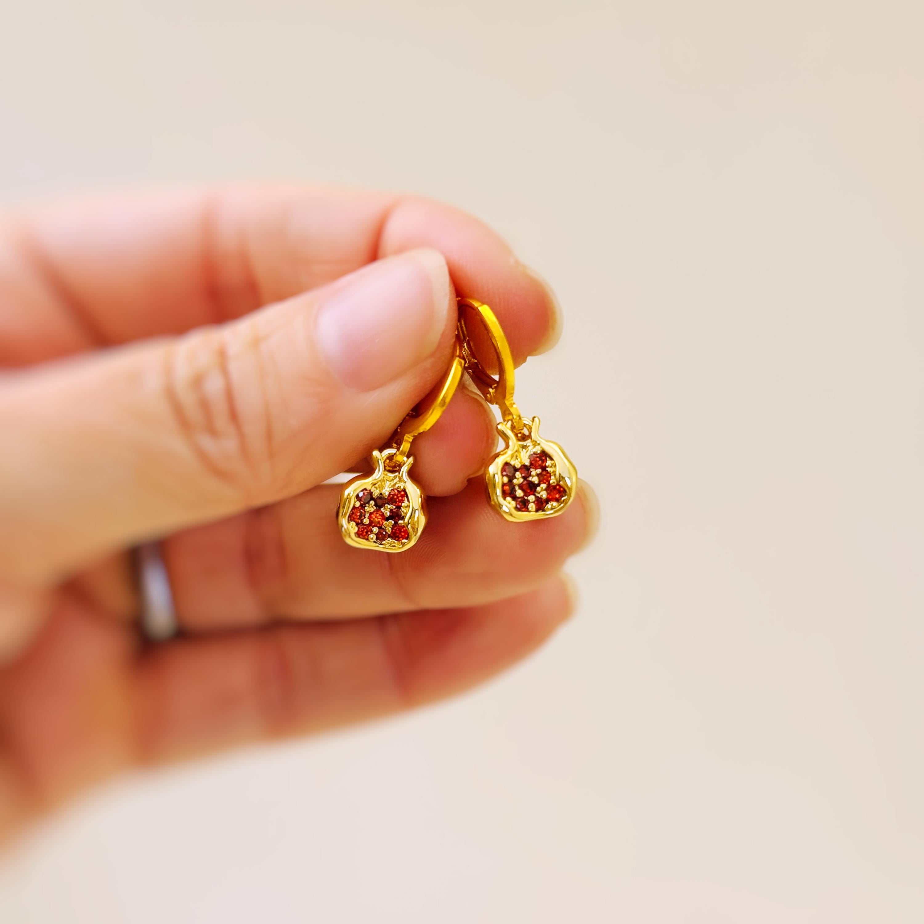 Gold Pomegranate Earrings dangle handmade cute red garnet Fruit Jewelry unique mythical dangling charm earrings gift for foodie chef wife