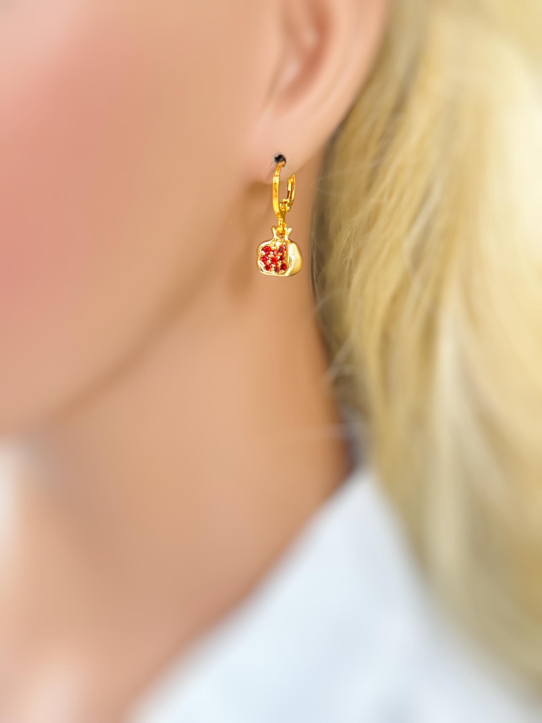 Gold Pomegranate Earrings dangle handmade cute red garnet Fruit Jewelry unique mythical dangling charm earrings gift for foodie chef wife