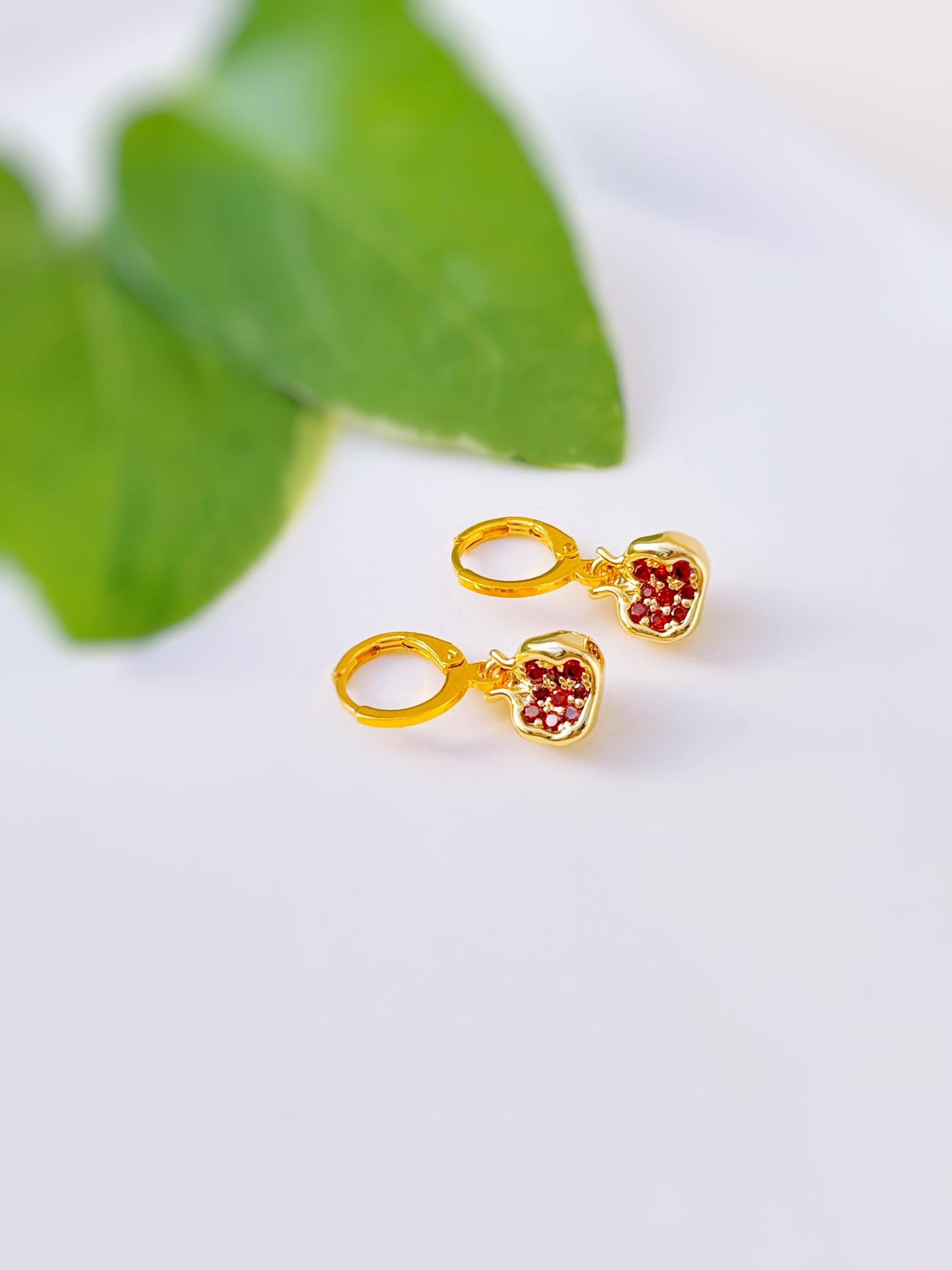 Gold Pomegranate Earrings dangle handmade cute red garnet Fruit Jewelry unique mythical dangling charm earrings gift for foodie chef wife