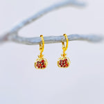 Gold Pomegranate Earrings dangle handmade cute red garnet Fruit Jewelry unique mythical dangling charm earrings gift for foodie chef wife