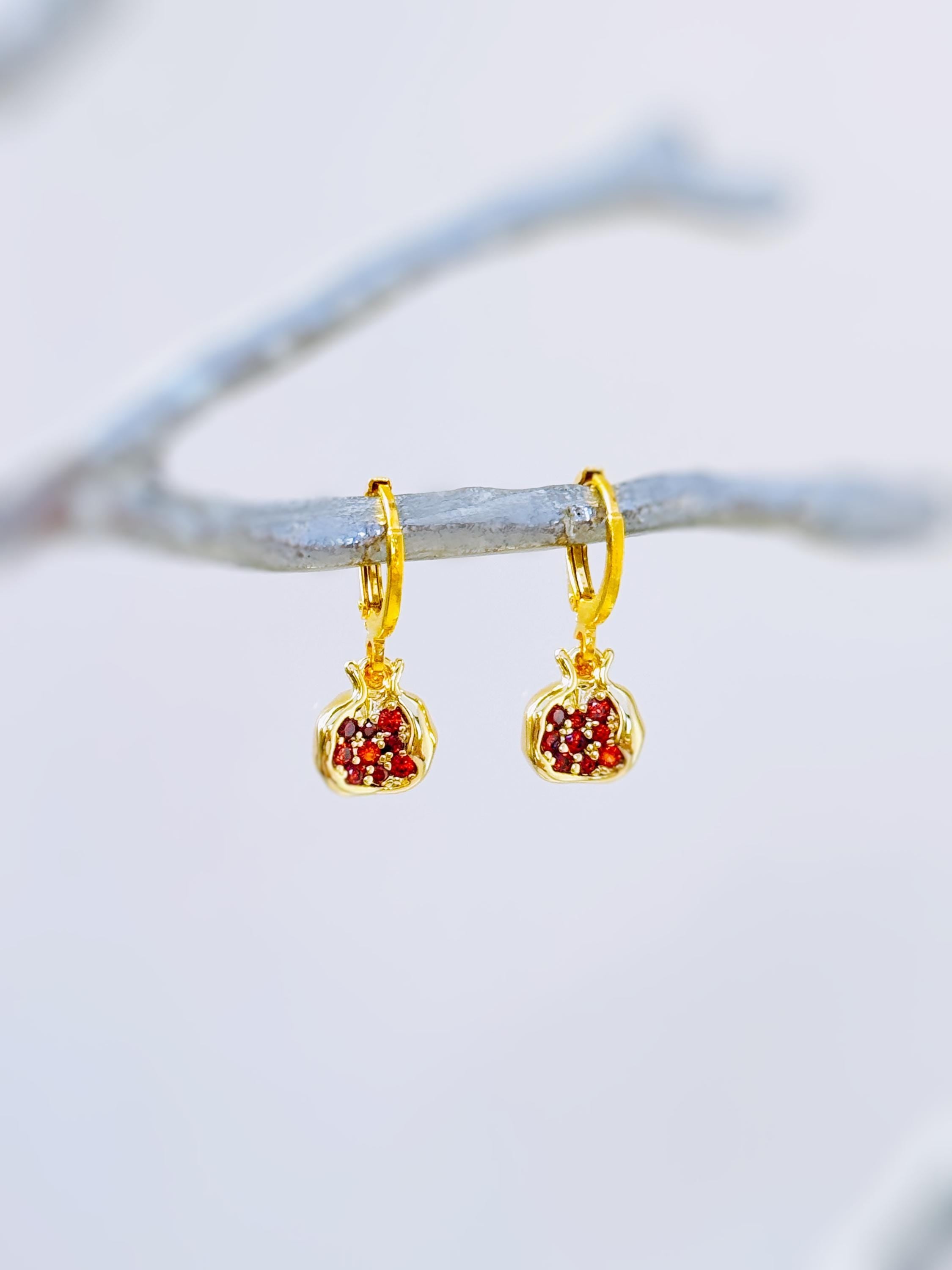 Gold Pomegranate Earrings dangle handmade cute red garnet Fruit Jewelry unique mythical dangling charm earrings gift for foodie chef wife