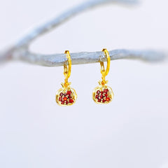 Gold Pomegranate Earrings dangle handmade cute red garnet Fruit Jewelry unique dangling charm earrings gift for foodie chef wife mom sister