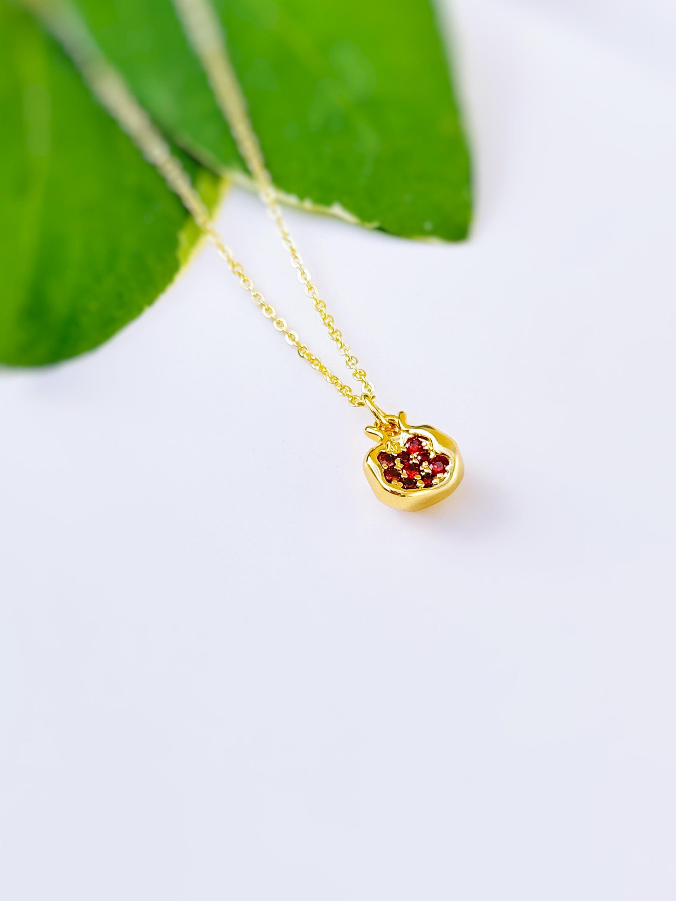 Gold Pomegranate Necklace silver handmade cute red garnet Fruit Jewelry unique charm pendant gift for foodie, chef, mom Judaica jewelry