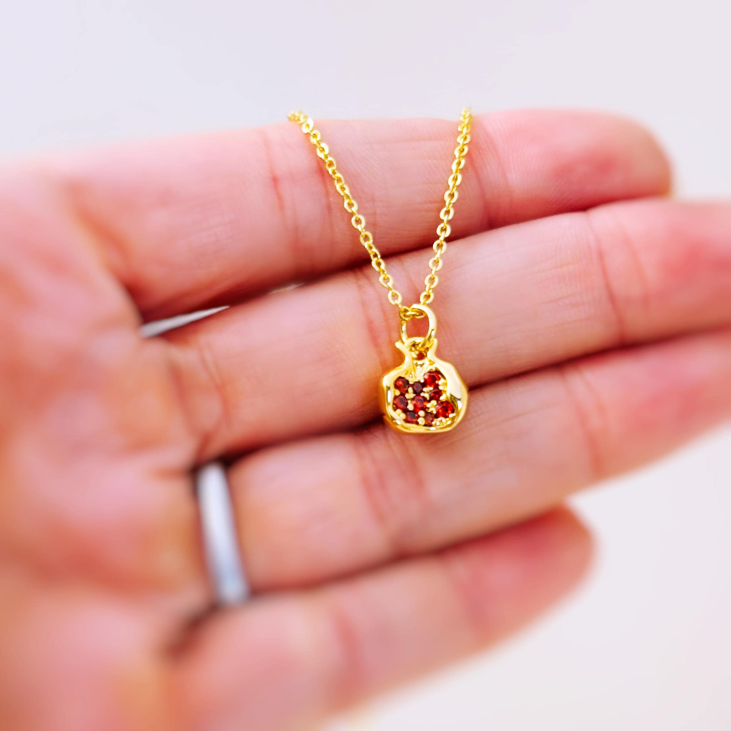 Gold Pomegranate Necklace silver handmade cute red garnet Fruit Jewelry unique charm pendant gift for foodie, chef, mom Judaica jewelry