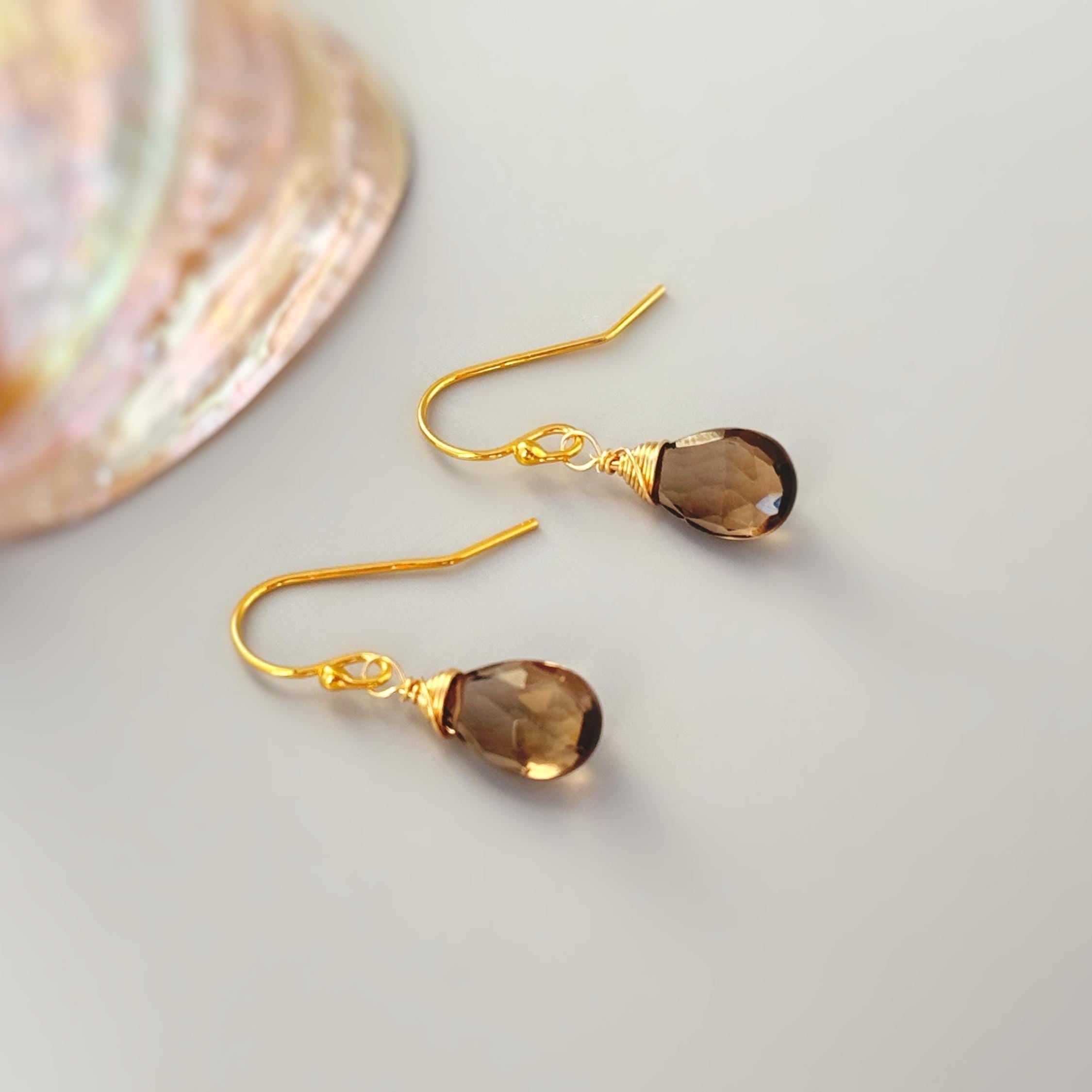 Dainty Smoky Quartz Earrings dangly sterling silver 14k gold boho dangle Quartz gemstone handmade jewelry for women gift for wife, mom