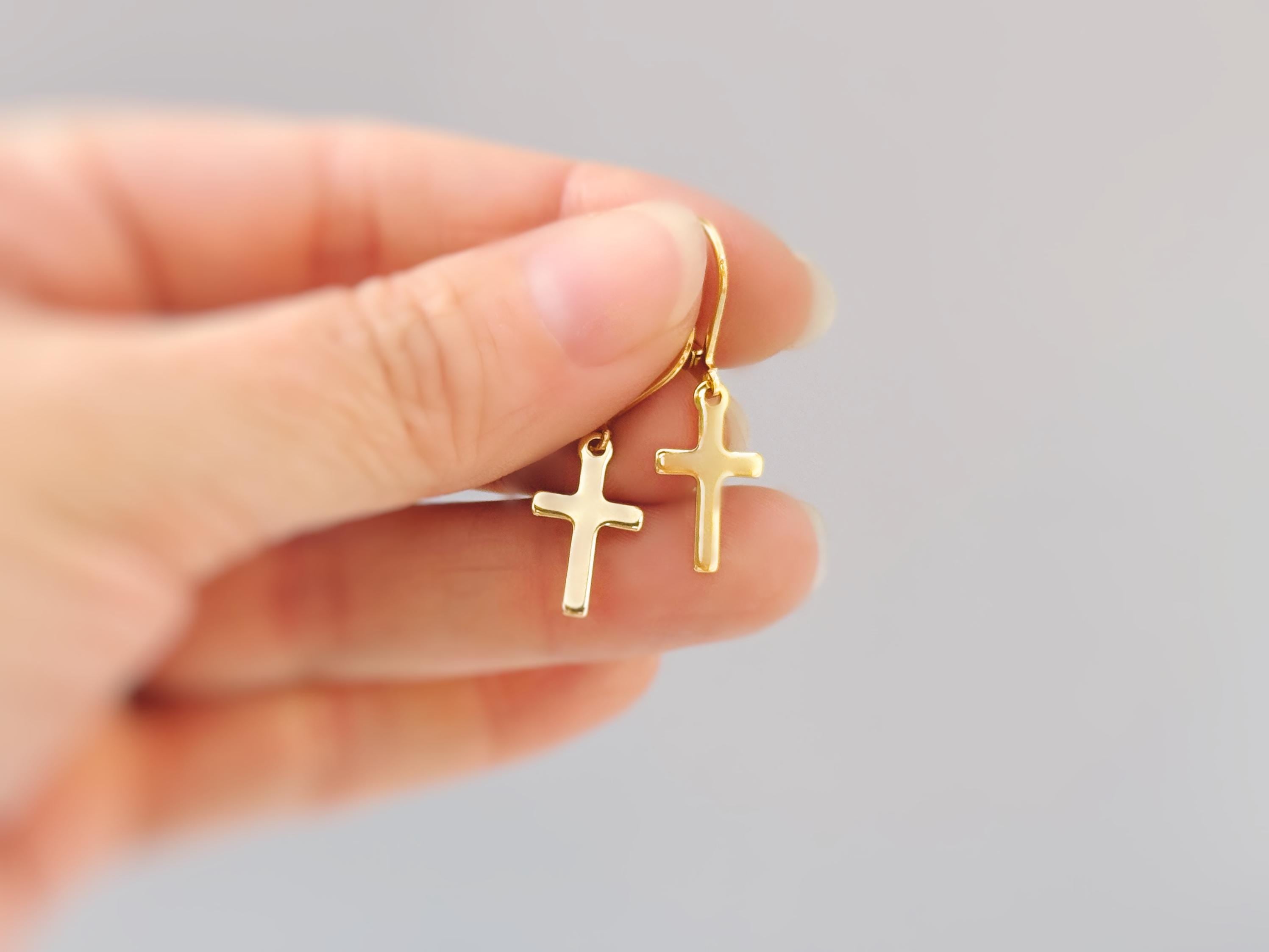 Dainty Gold Cross Earrings dangle sterling silver minimalist religious faith jewelry for women Christian communion confirmation gift for her